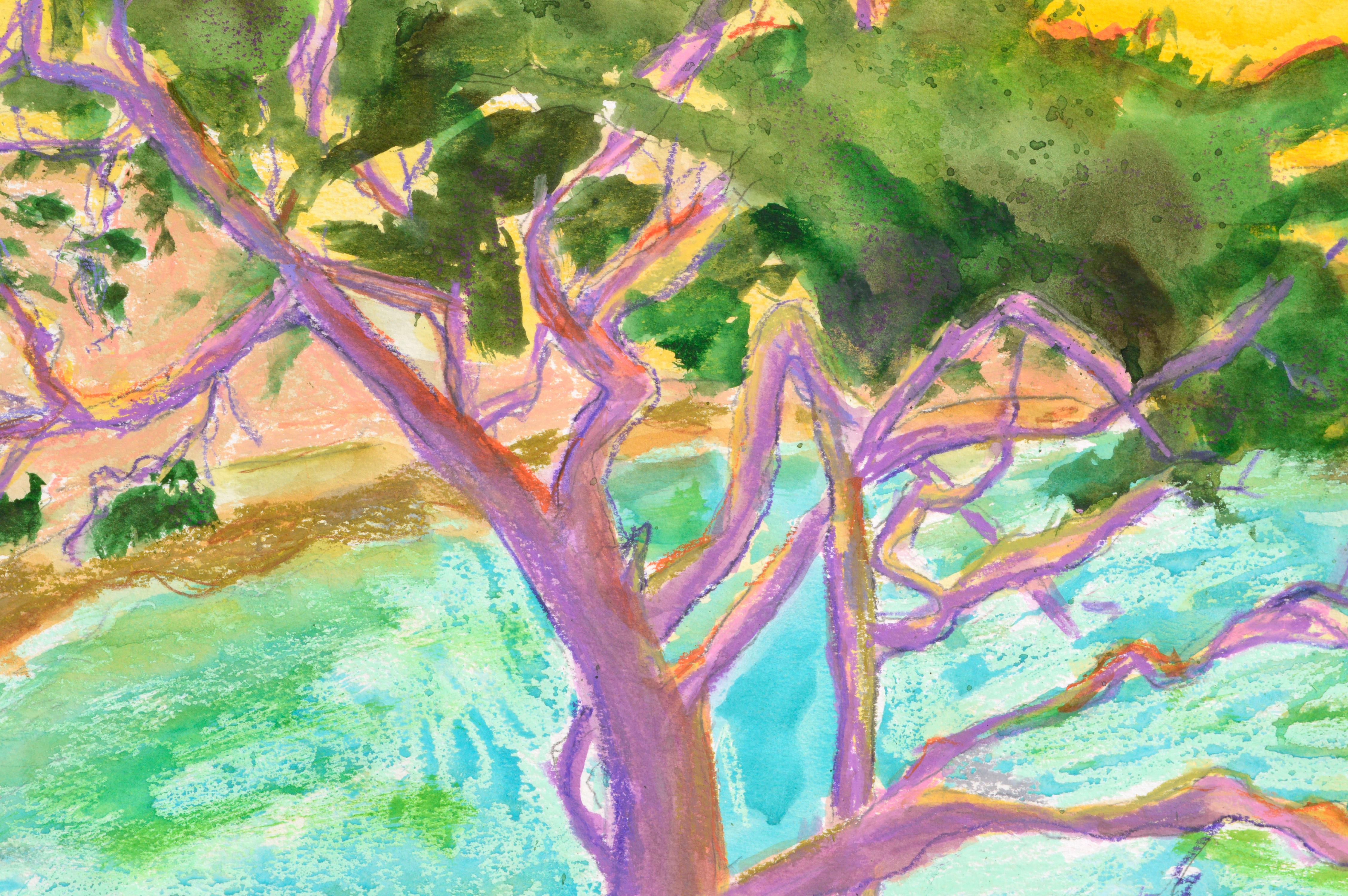 Paysage côtier fauve aux couleurs vives représentant un cyprès violet au bord de l'eau, sous un ciel jaune vif et un soleil orange, par Karen Druker (américaine, 1945). Signé 