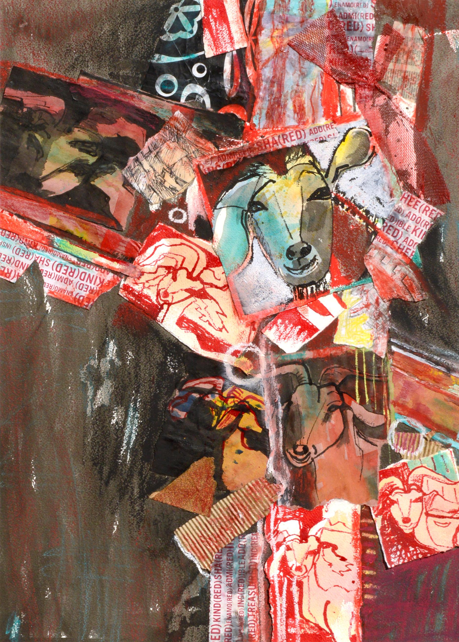 Red Goat Abstract Collage - Art by Karen Druker
