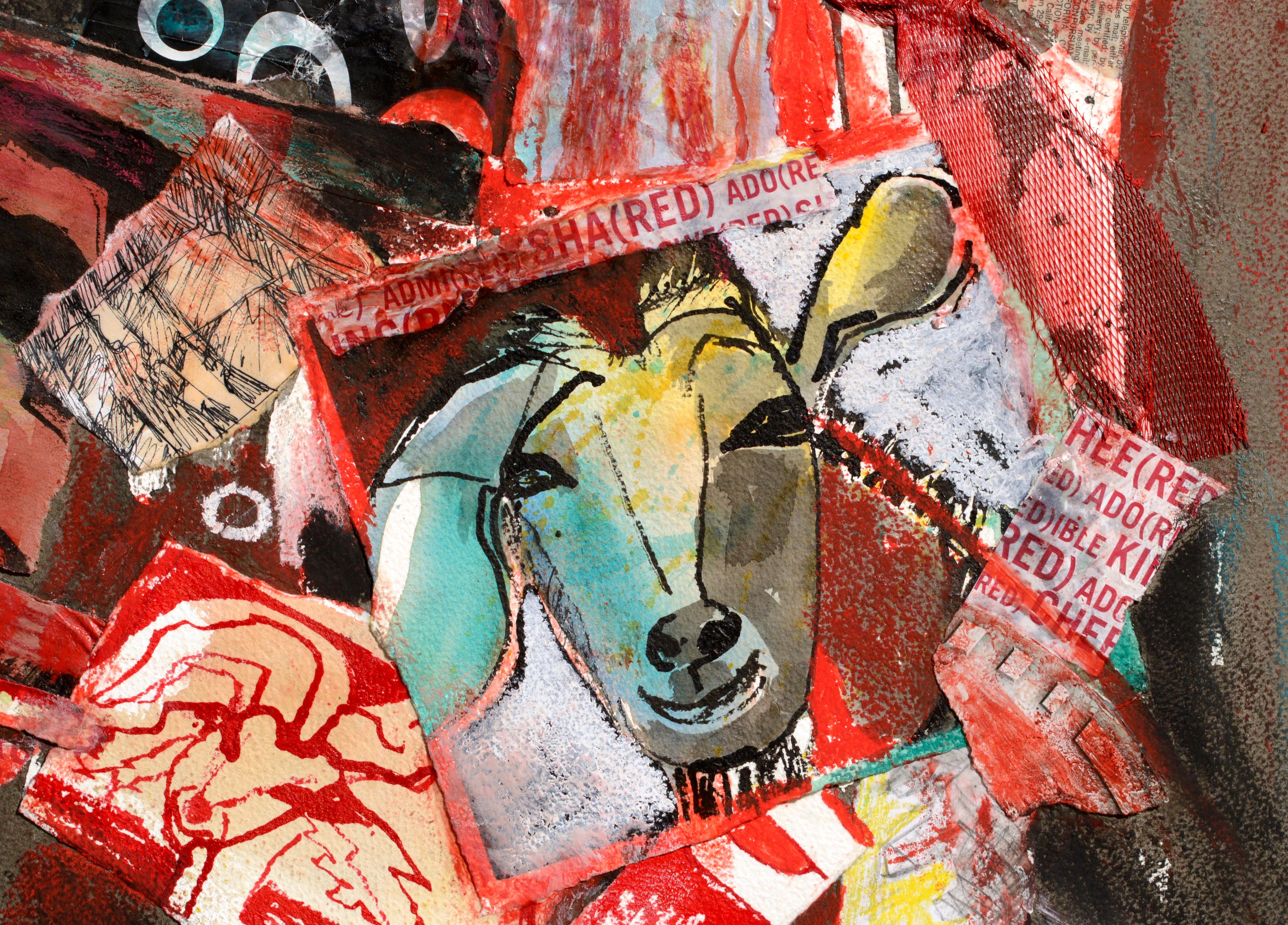 Abstrakte Collage aus roter Ziege (Beige), Animal Art, von Karen Druker