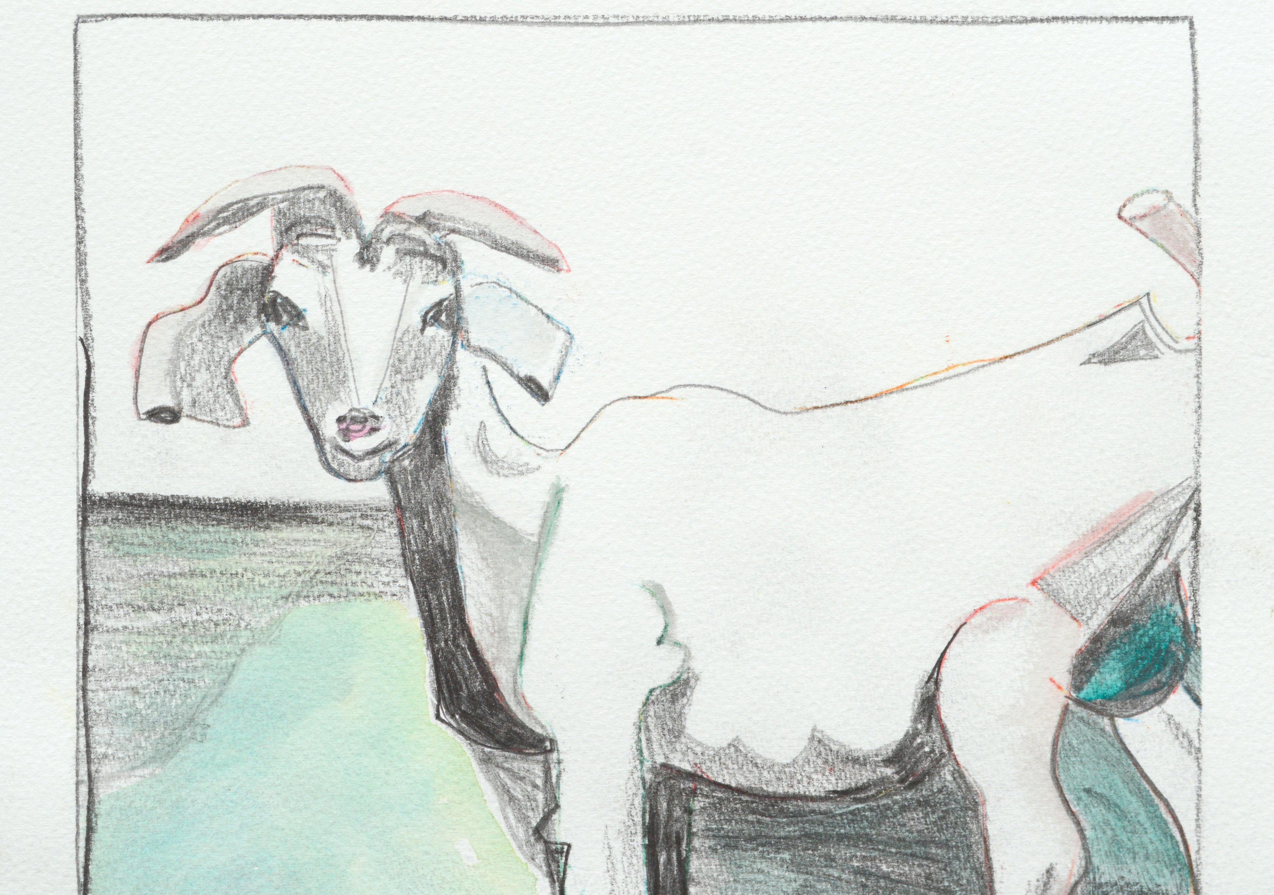 Six Goats, Modernist Goat Animal Portrait Series - Gray Figurative Art by Karen Druker