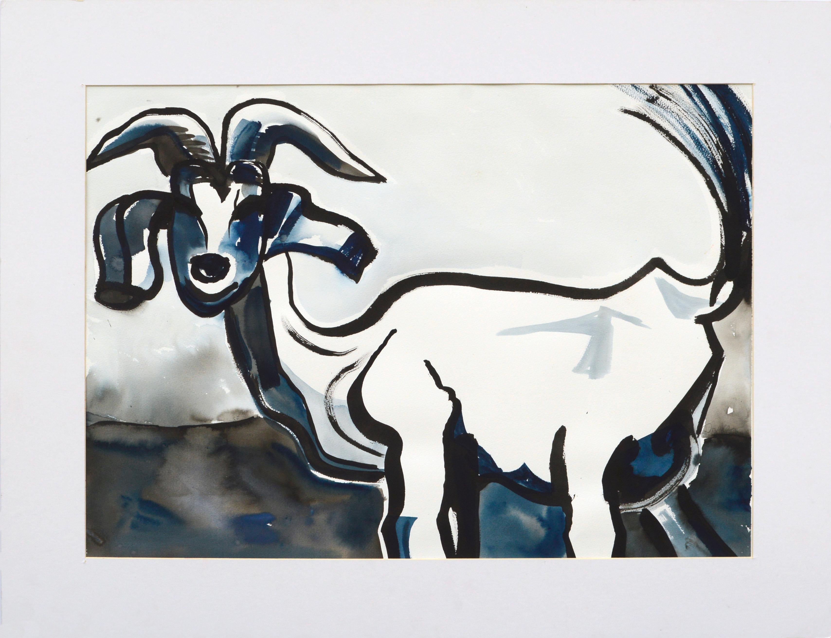 Karen Druker Animal Art - Modernist Goat Portrait in Black and Blue