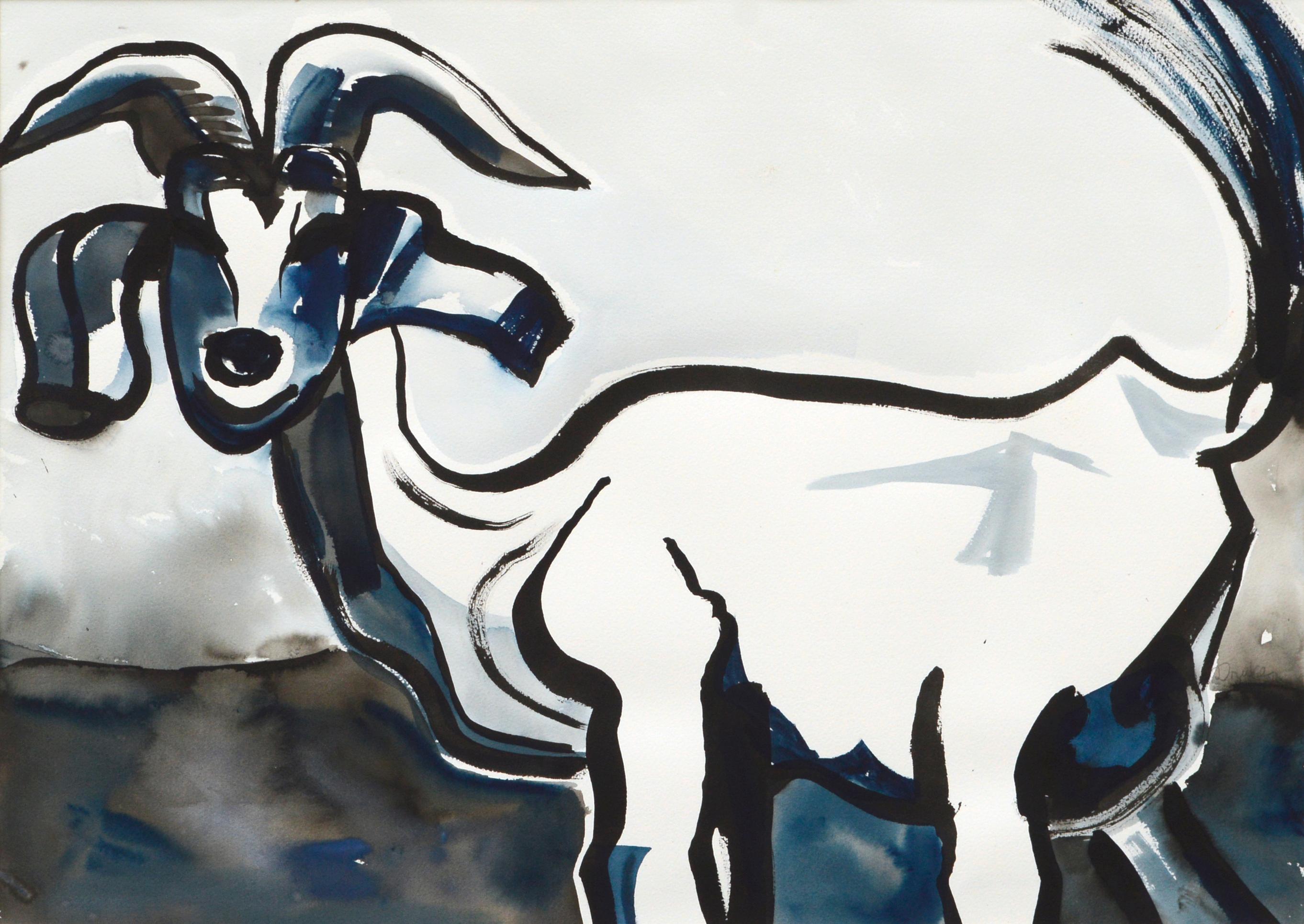 Modernist Goat Portrait in Black and Blue - Art by Karen Druker