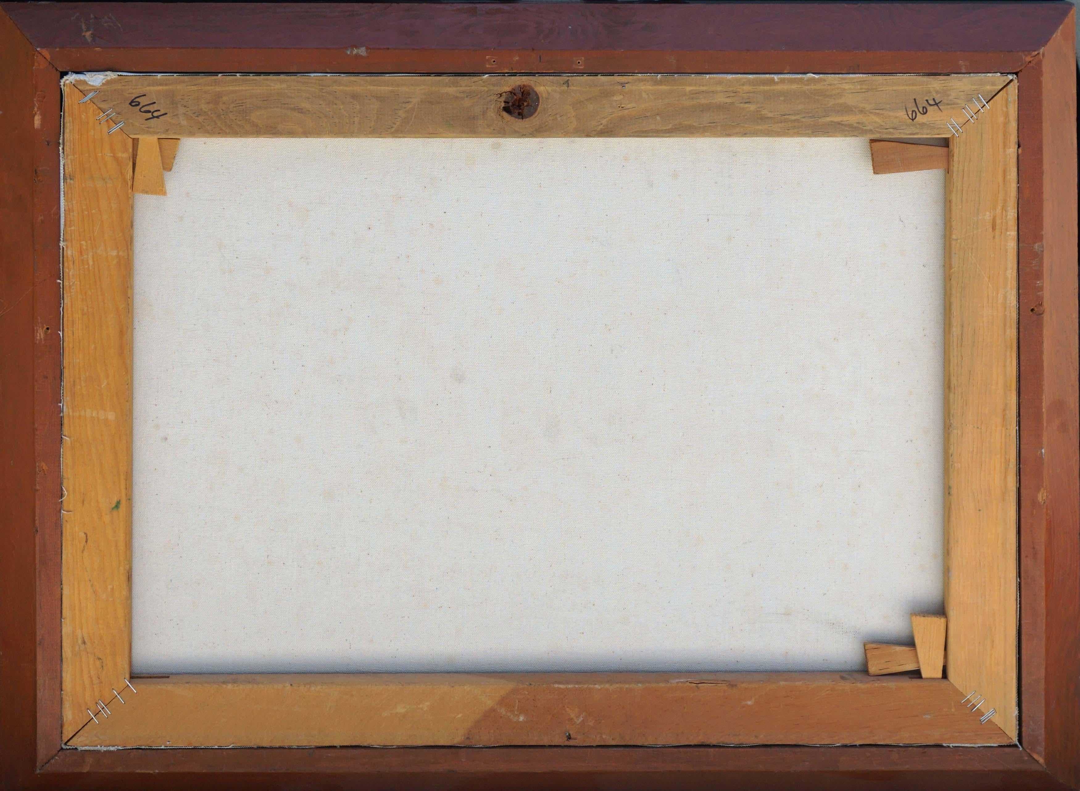 Encantadora pintura al óleo de típicas casas de barrio californianas de los años 70, por P. DeRosa (estadounidense, siglo XX), c.1970. Firmado abajo a la derecha 