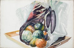 Mid Century Autumn Harvest Watercolor Still-Life with Gourds & Purple Corn 