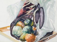 Mid Century Autumn Harvest Watercolor Still-Life with Gourds & Purple Corn