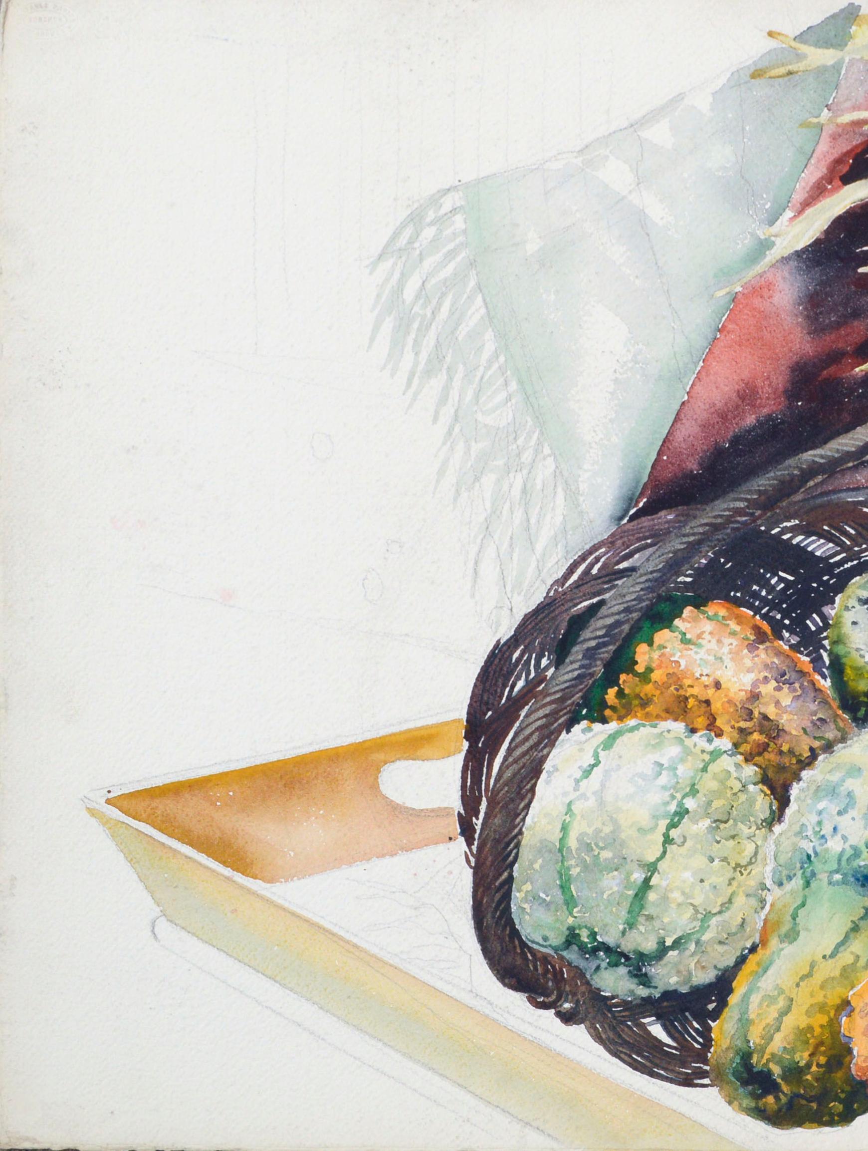 Bodegón otoñal en acuarela de mediados de siglo con calabazas y maíz morado - Art realista estadounidense de Joseph Yeager