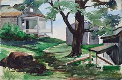 Mid-Century Scenic House with Tree Landscape Watercolor 