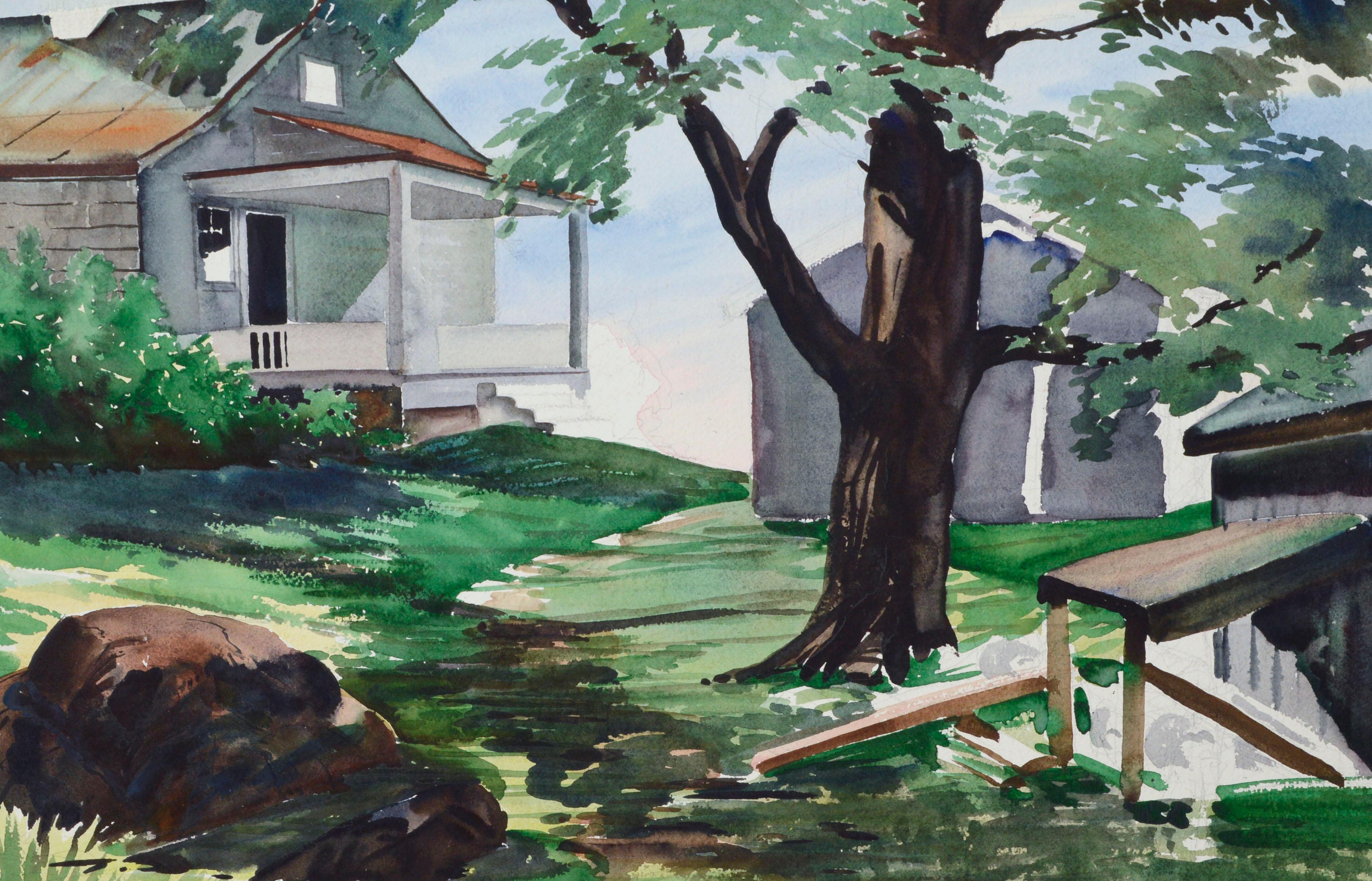 Mid-Century Scenic House with Tree Landscape Watercolor  - Art by Joseph Yeager