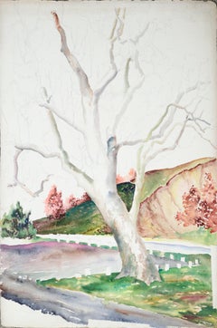 Retro Mid-Century Hillside Trees Landscape Watercolor (unfinished) 