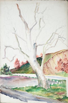 Mid-Century Hillside Trees Landscape Aquarelle (inachevée) 