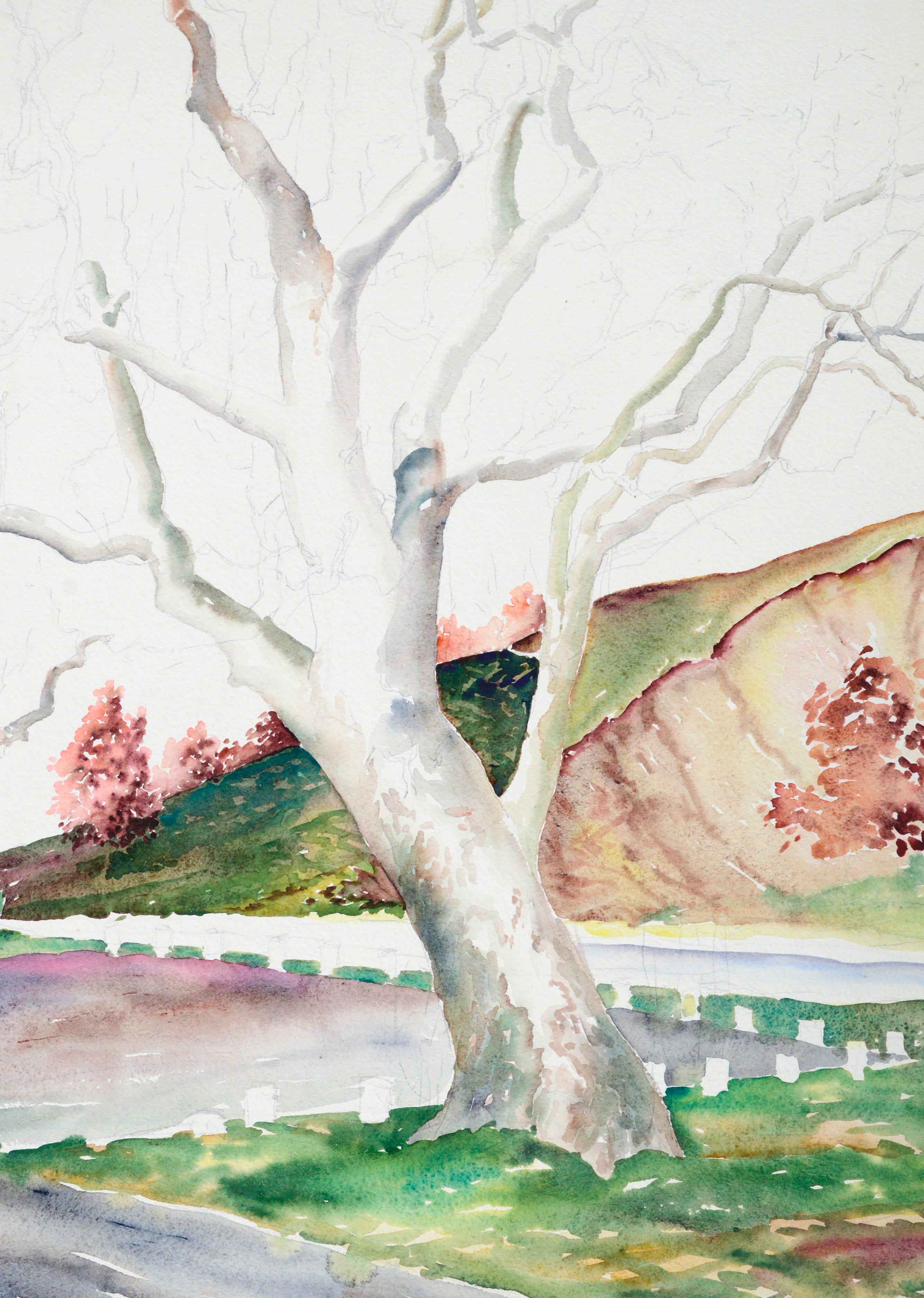Mid-Century Hillside Trees Landscape Aquarelle (inachevée)  - Art de Joseph Yeager