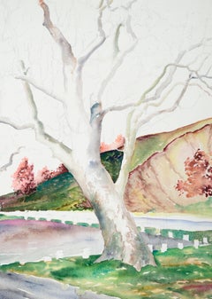 Mid-Century Hillside Trees Landscape Watercolor (unfinished)