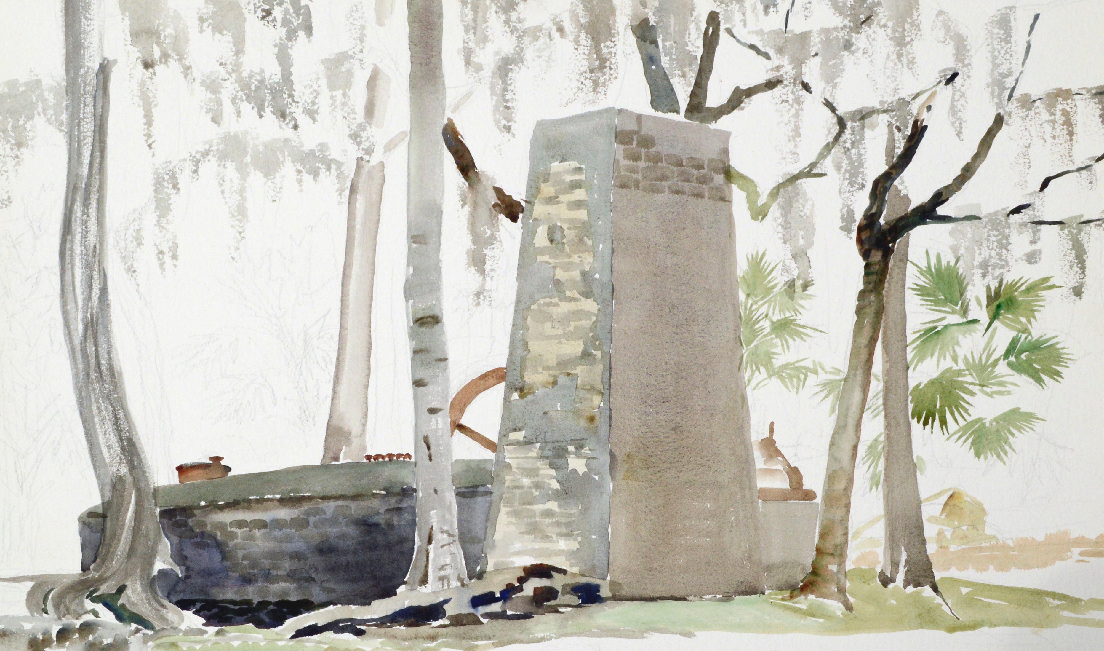 Stone Monument to a Forest Cabin, Mid-Century Landscape  - American Realist Art by Joseph Yeager