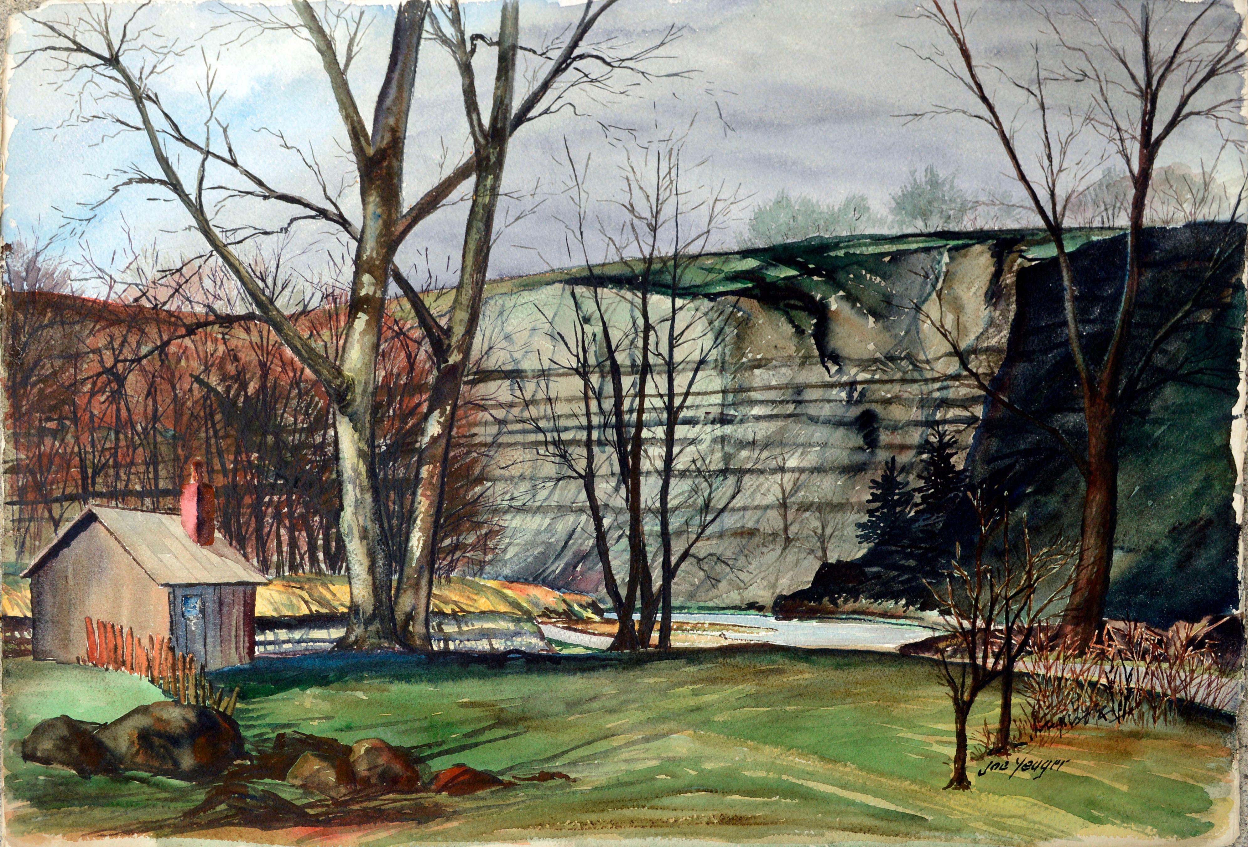 Cottage in the Woods, Landschafts-Aquarell, Mid-Century 