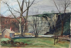 Mid-Century Cottage in the Woods Landscape Watercolor