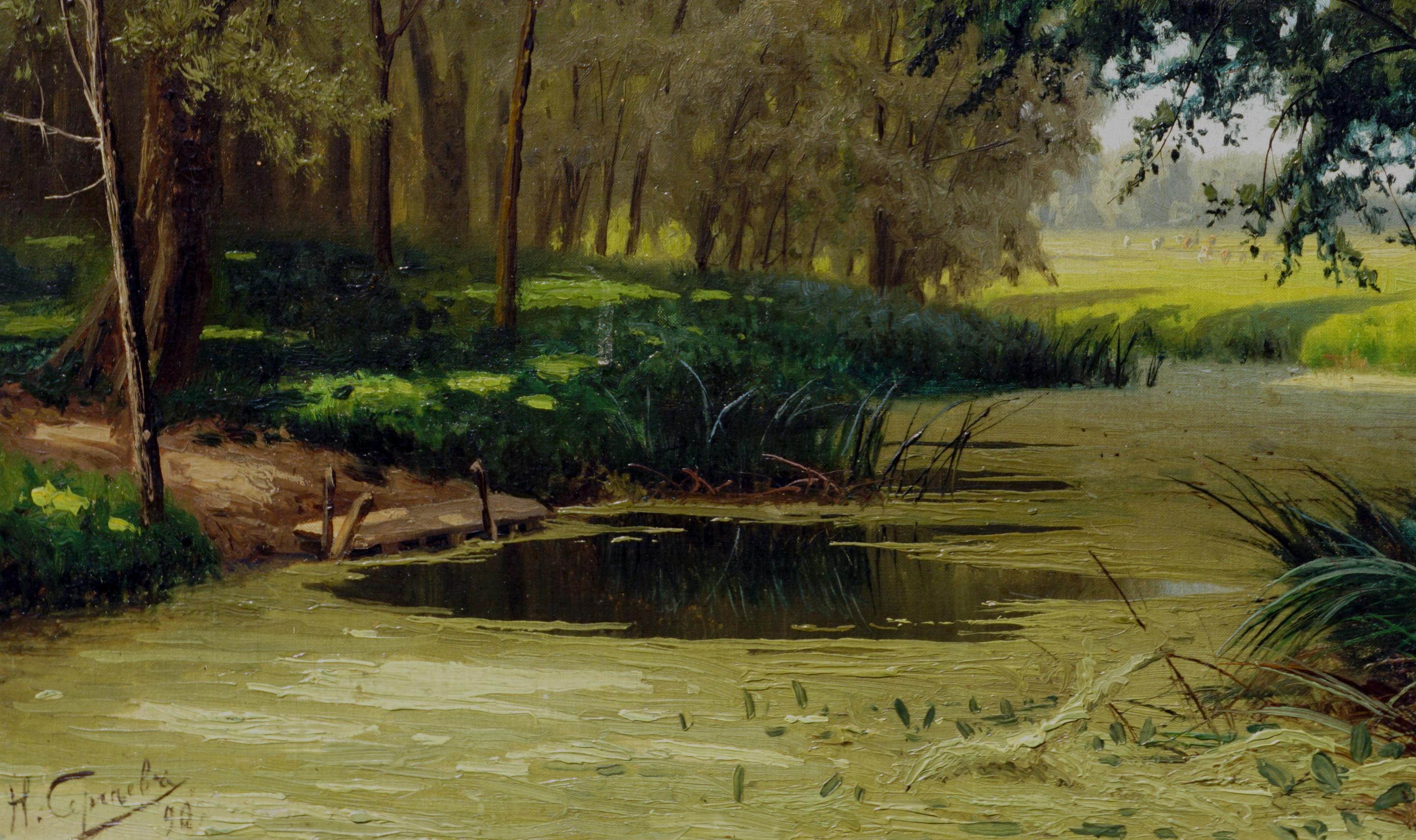 Formschöner Flusss – bukolische Landschaft aus dem späten 19. Jahrhundert (Schwarz), Landscape Painting, von Nikolai Aleksandrovich Sergeev (Sergeyev)