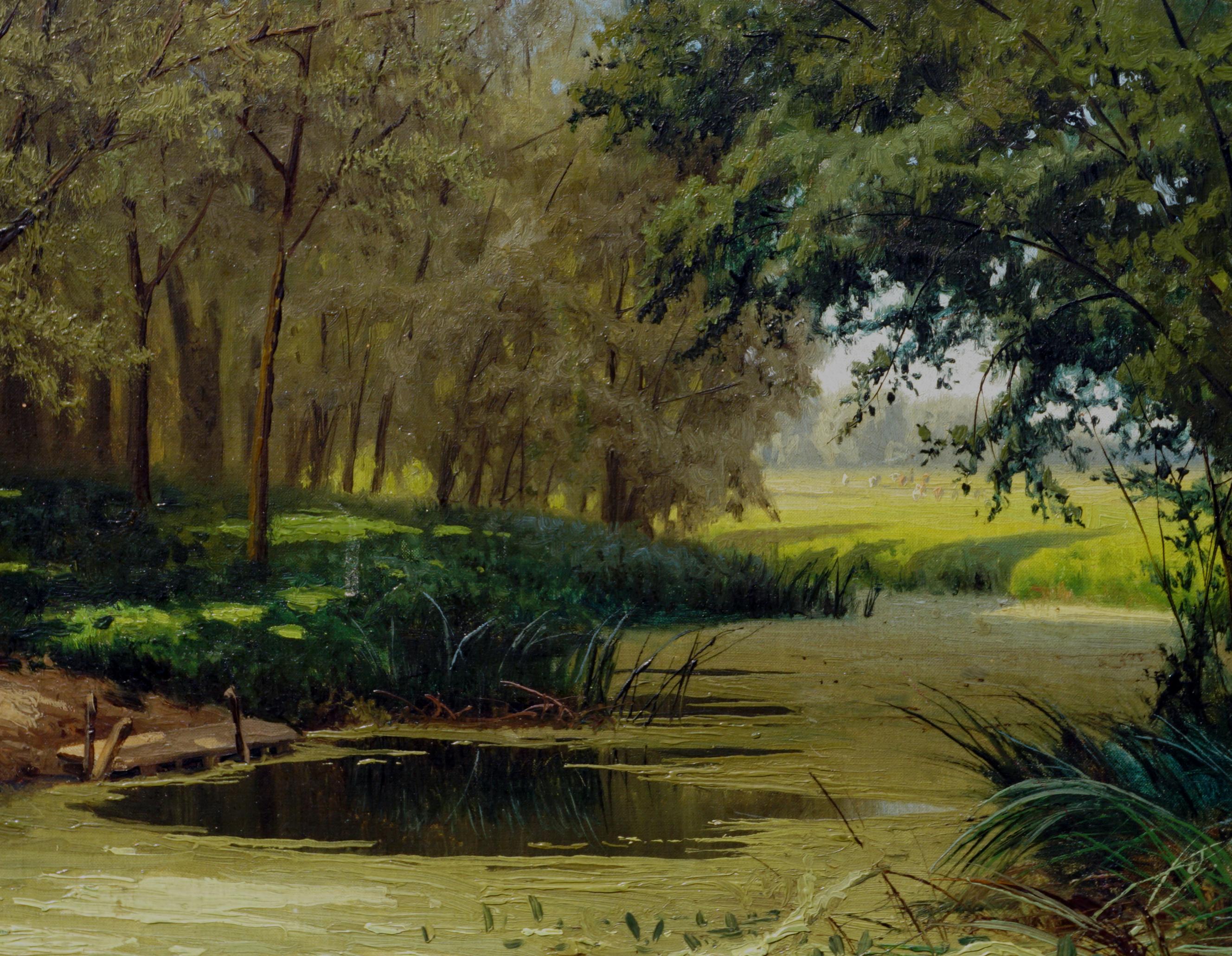 Precioso paisaje ruso de finales del siglo XIX con arroyo a la sombra de Nikolai Aleksandrovich Sergeev (Nikolai Alexandrovich Sergeyev ) (Mykola Oleksandrovyc Serhjejev ) (Imperio Ruso, 1855-1919), 1890. Firmado y fechado en cirílico en el anverso