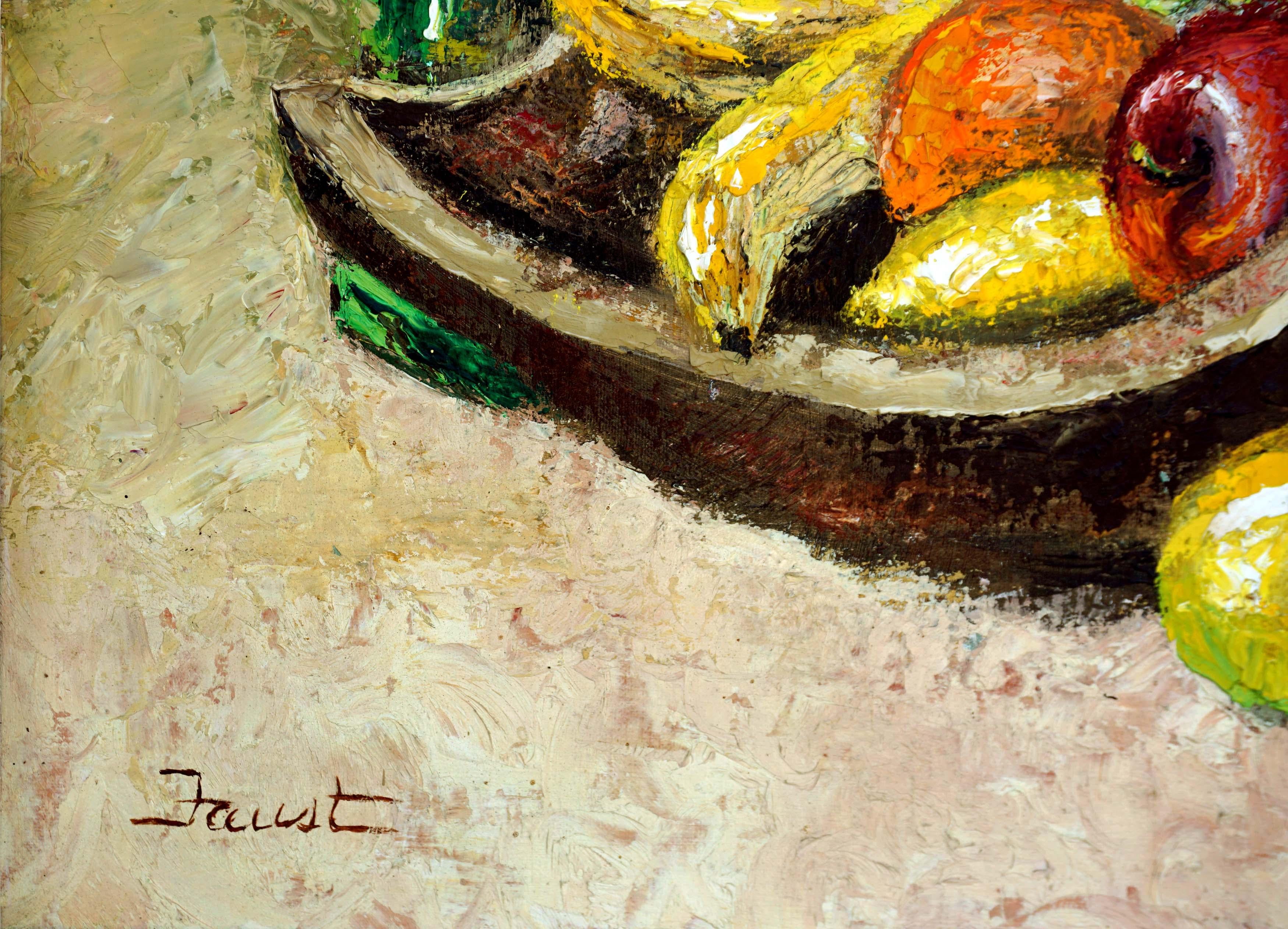 Merveilleuse peinture à l'huile moderne du milieu du siècle dernier représentant du blé et des fruits par Wanda Faust (américaine, 20e siècle), vers 1950. Signé en bas à gauche 