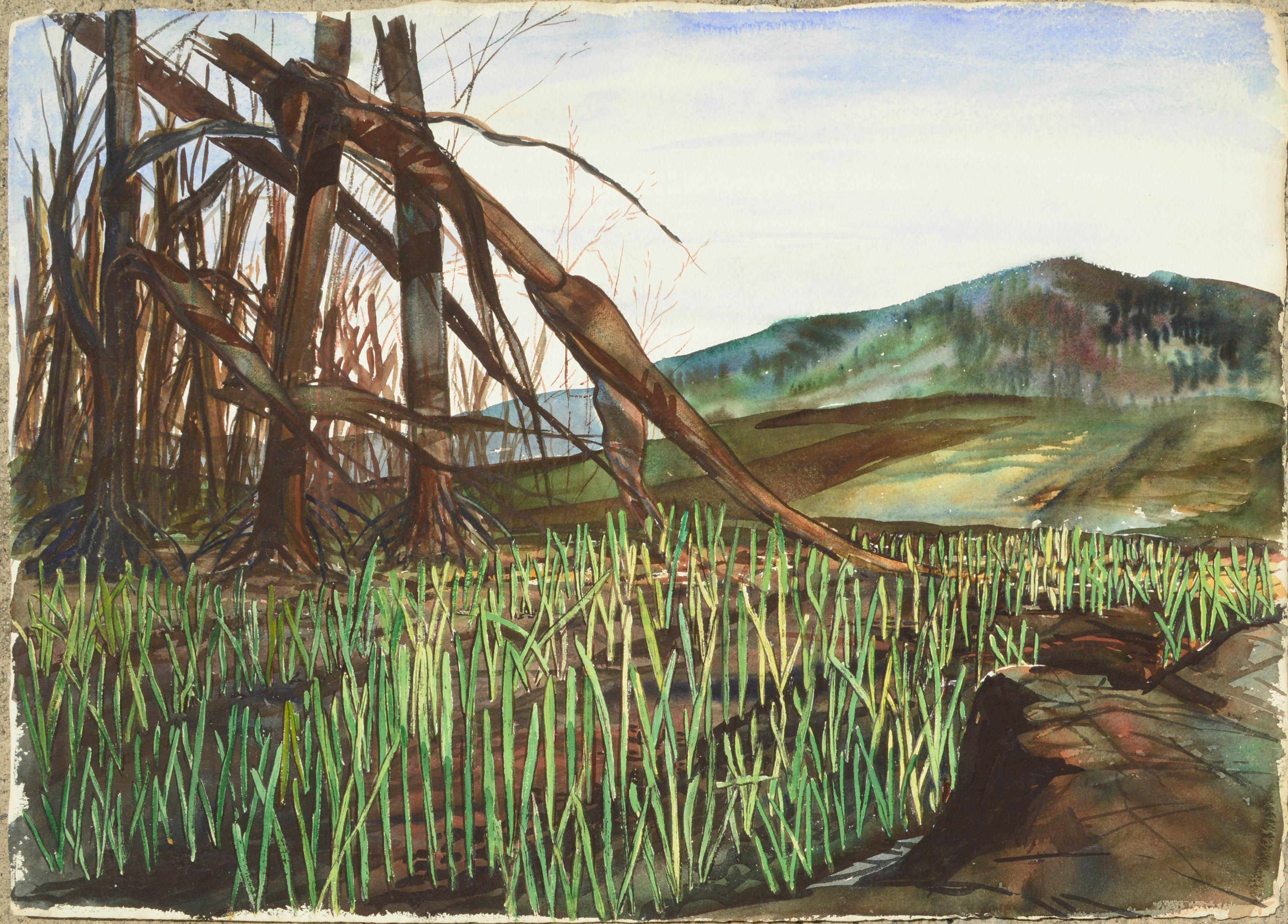 Mid-Century Mountain Grasslands Landscape Watercolor - Art by Joseph Yeager