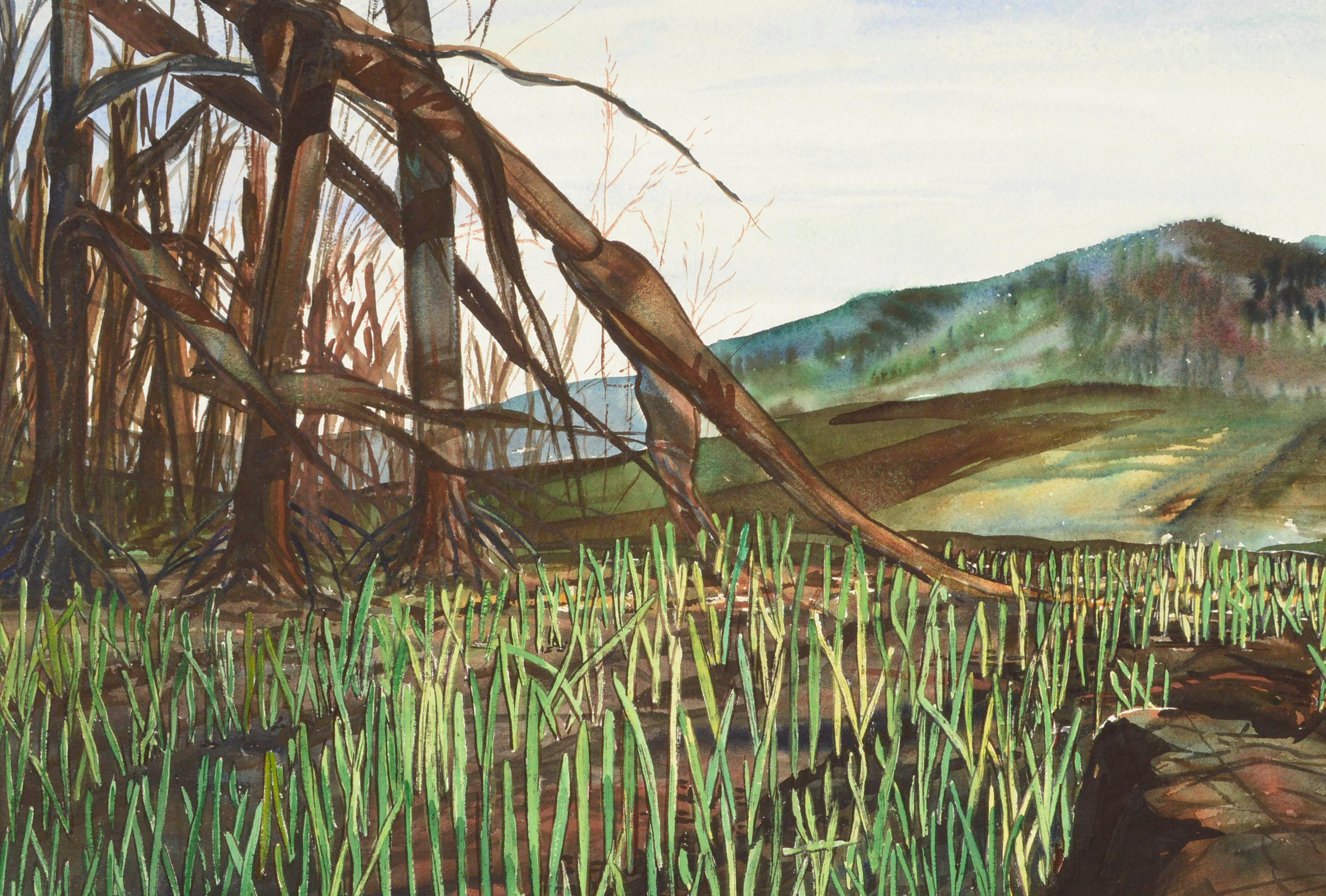 Mid-Century Mountain Grasslands Landscape Watercolor - Brown Landscape Art by Joseph Yeager