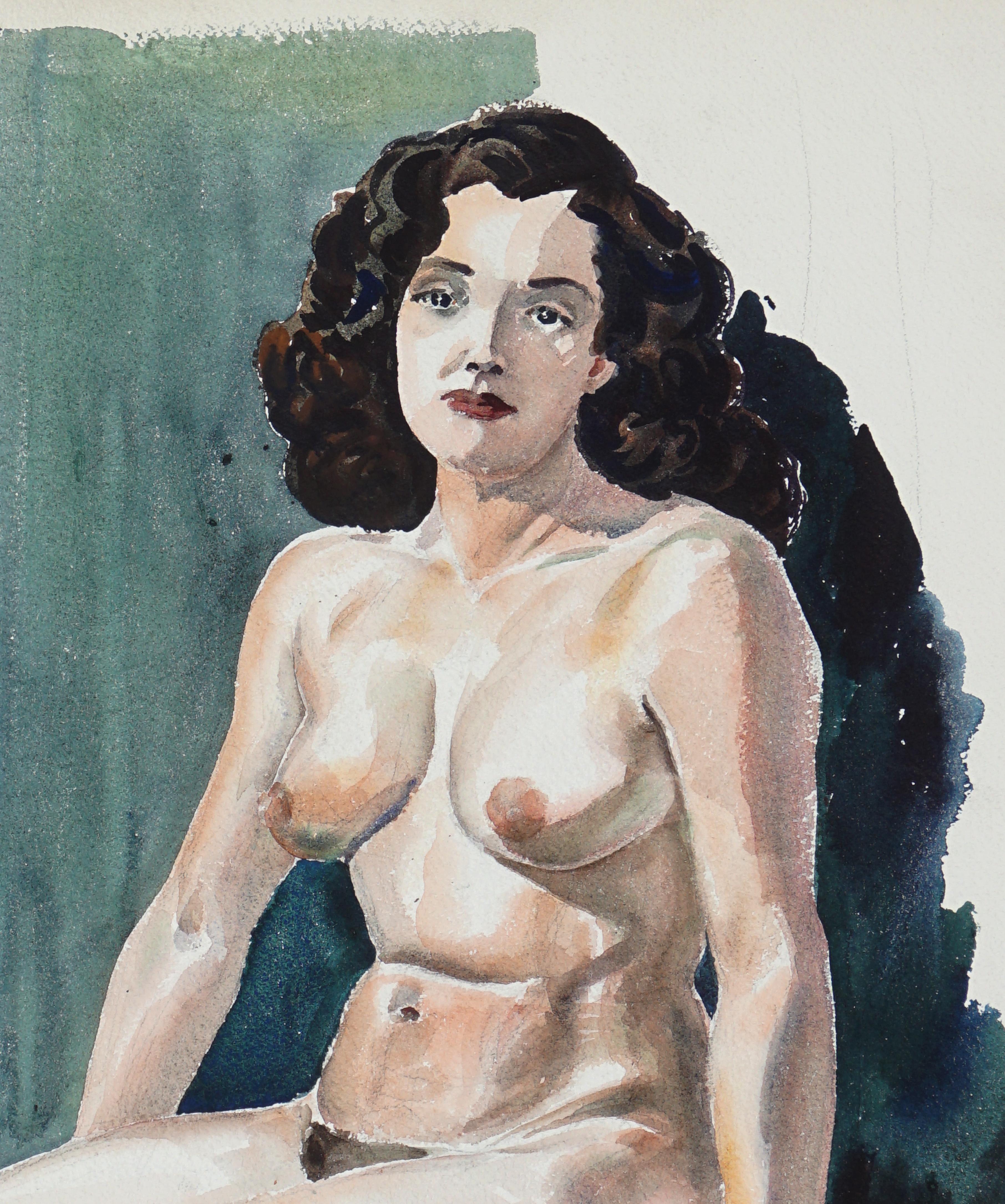 Sitzende nackte Figur, weibliche Figur, Studie, Aquarell, Mitte des Jahrhunderts – Art von Joseph Yeager