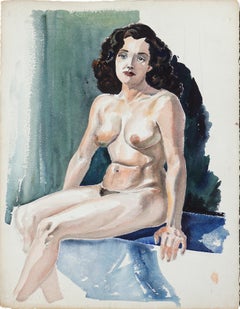 Figura seduta di nudo di metà secolo, studio di figura femminile ad acquerello