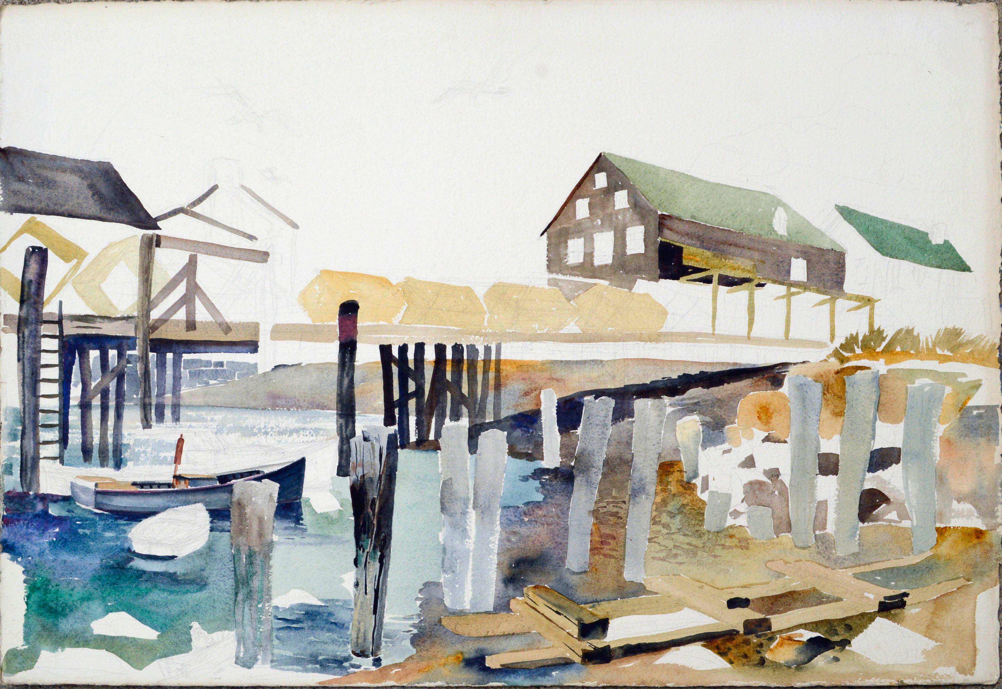 Mid-Century Wharf, Industrial Landscape Watercolor  - Art by Joseph Yeager