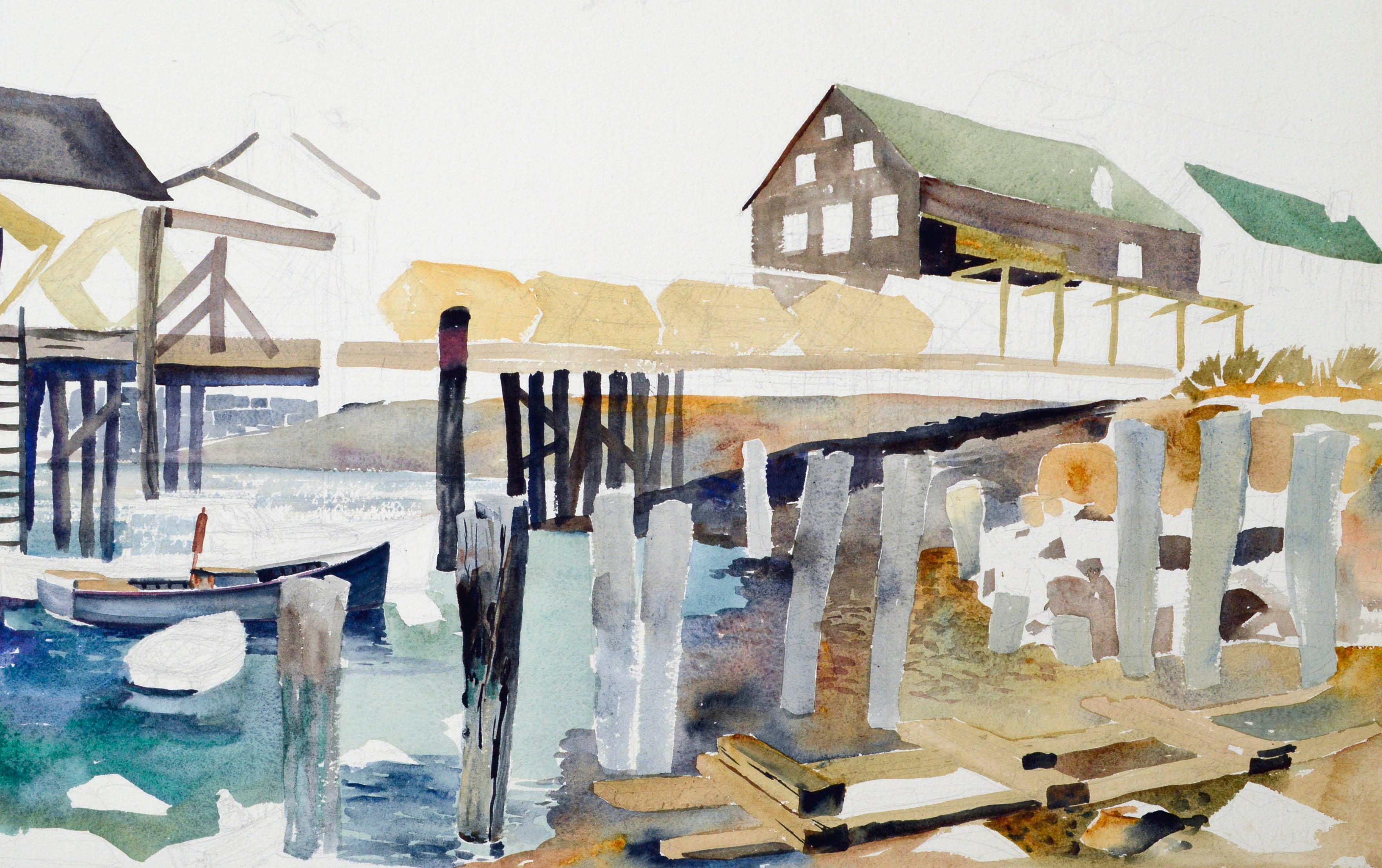 Mid-Century Wharf, Industrial Landscape Watercolor  - American Impressionist Art by Joseph Yeager
