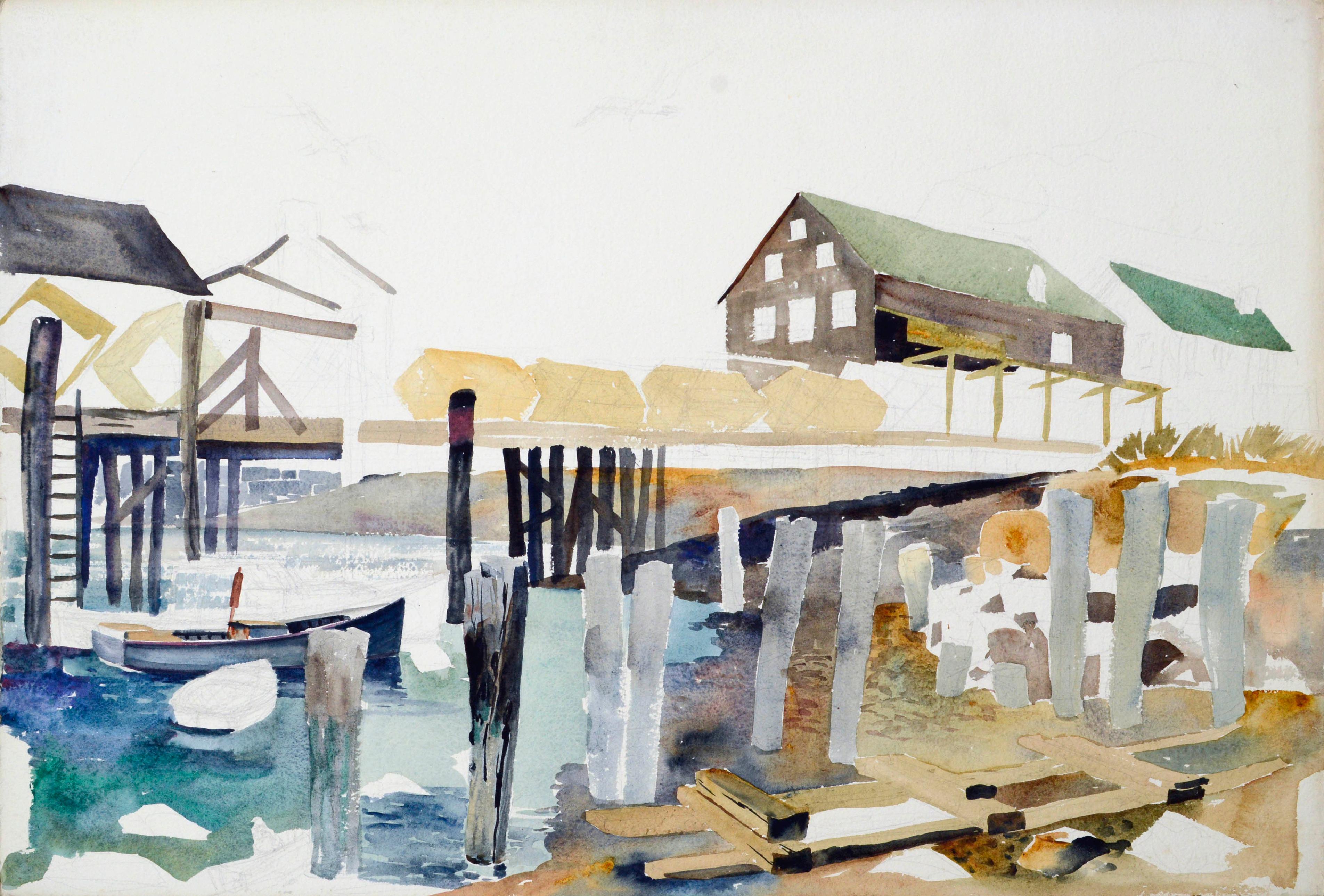 Mid-Century Wharf, Industrial Landscape Watercolor 
