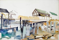 Vintage Mid-Century Wharf, Industrial Landscape Watercolor 