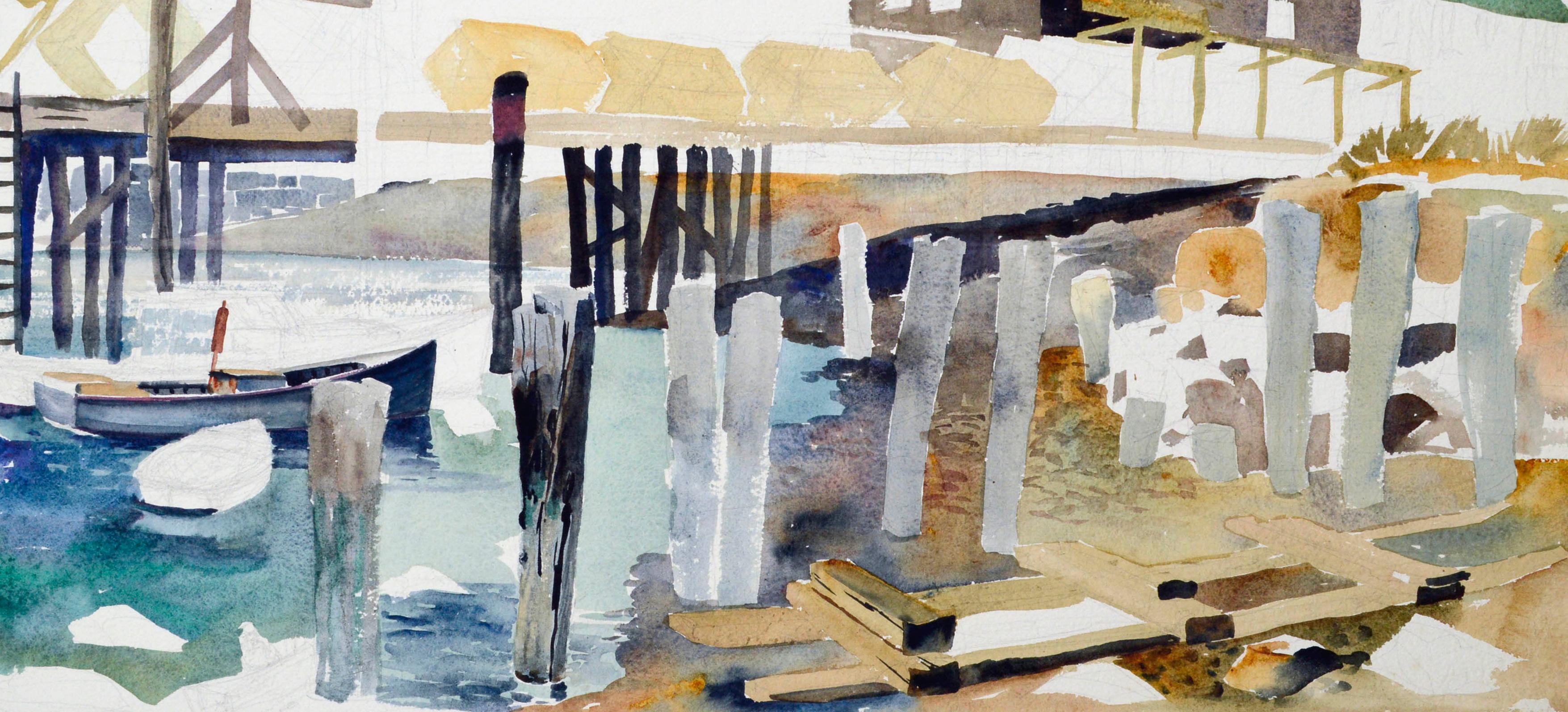 Mid-Century Wharf, Industrial Landscape Watercolor  - Gray Landscape Art by Joseph Yeager