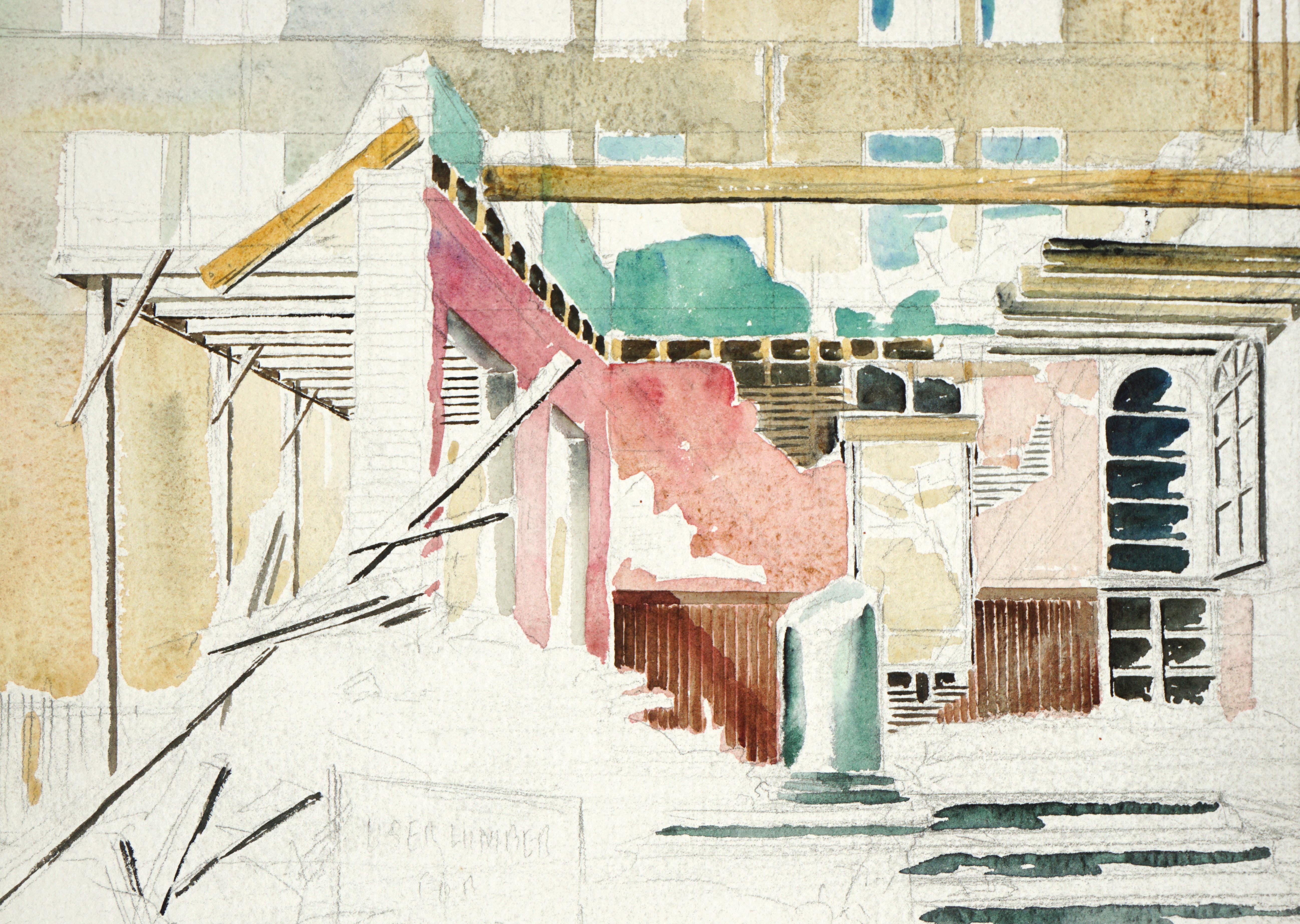 Building Under Renovation, Mid-Century Landscape Watercolor (unfinished work) - Art by Joseph Yeager