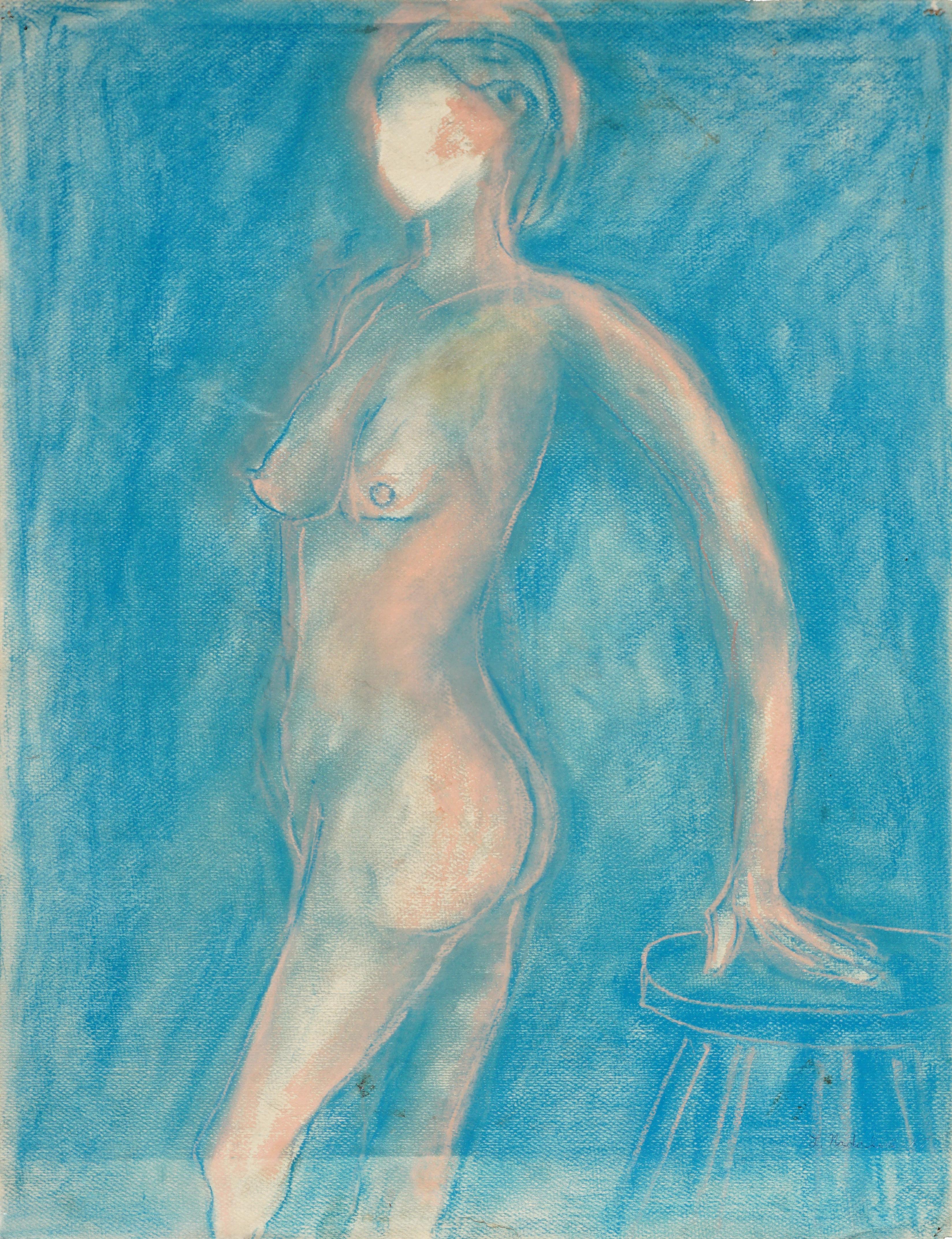 Modernist Abstract Nude Pastel Cyan Figure Study - Art by Louis Nadalini