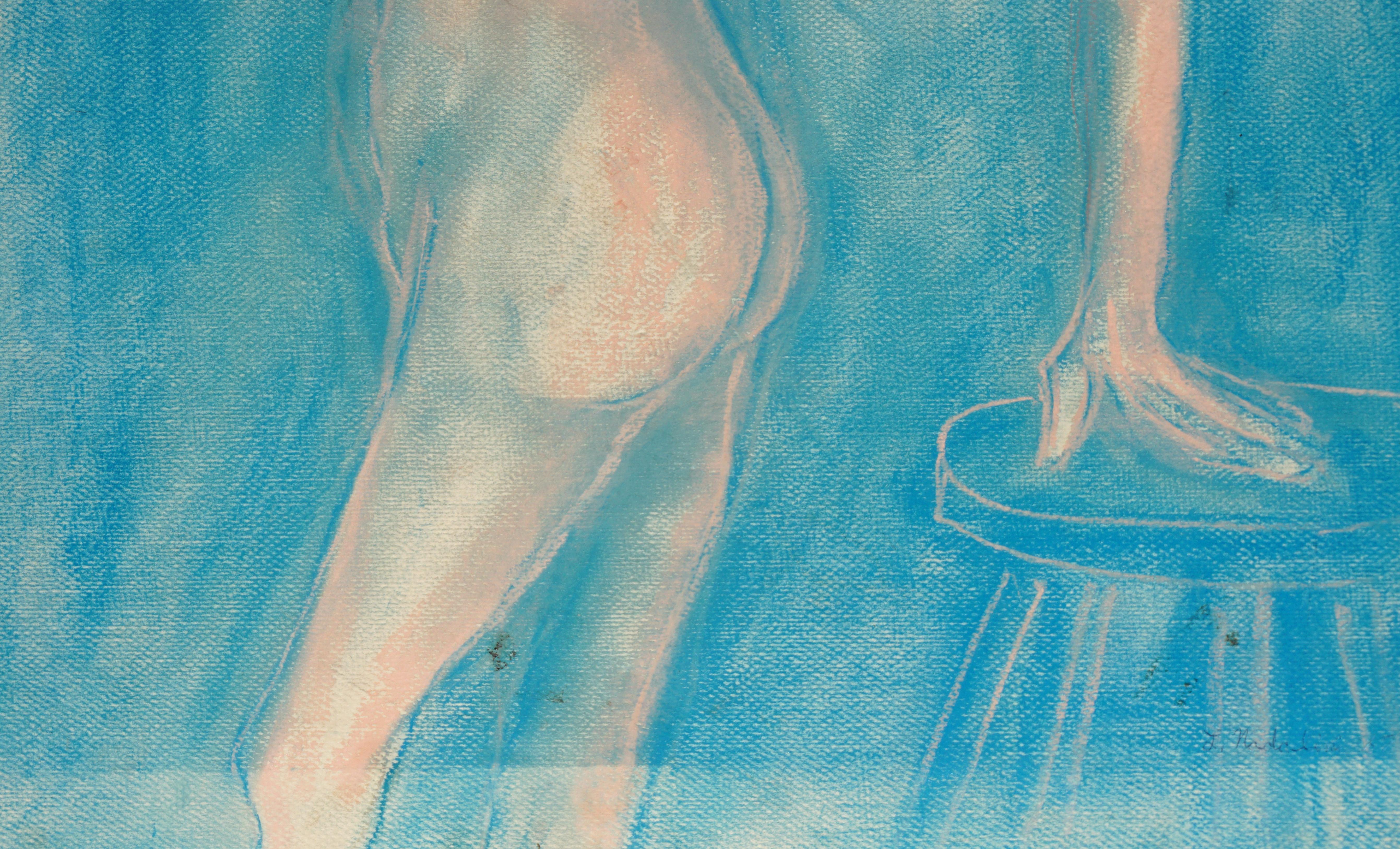 Modern abstracted nude figurative study on a bold cyan background by Louis Nadalini (American, 1927-1995), 1987. Signed and dated 