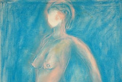 Modernist Abstract Nude Pastel Cyan Figure Study