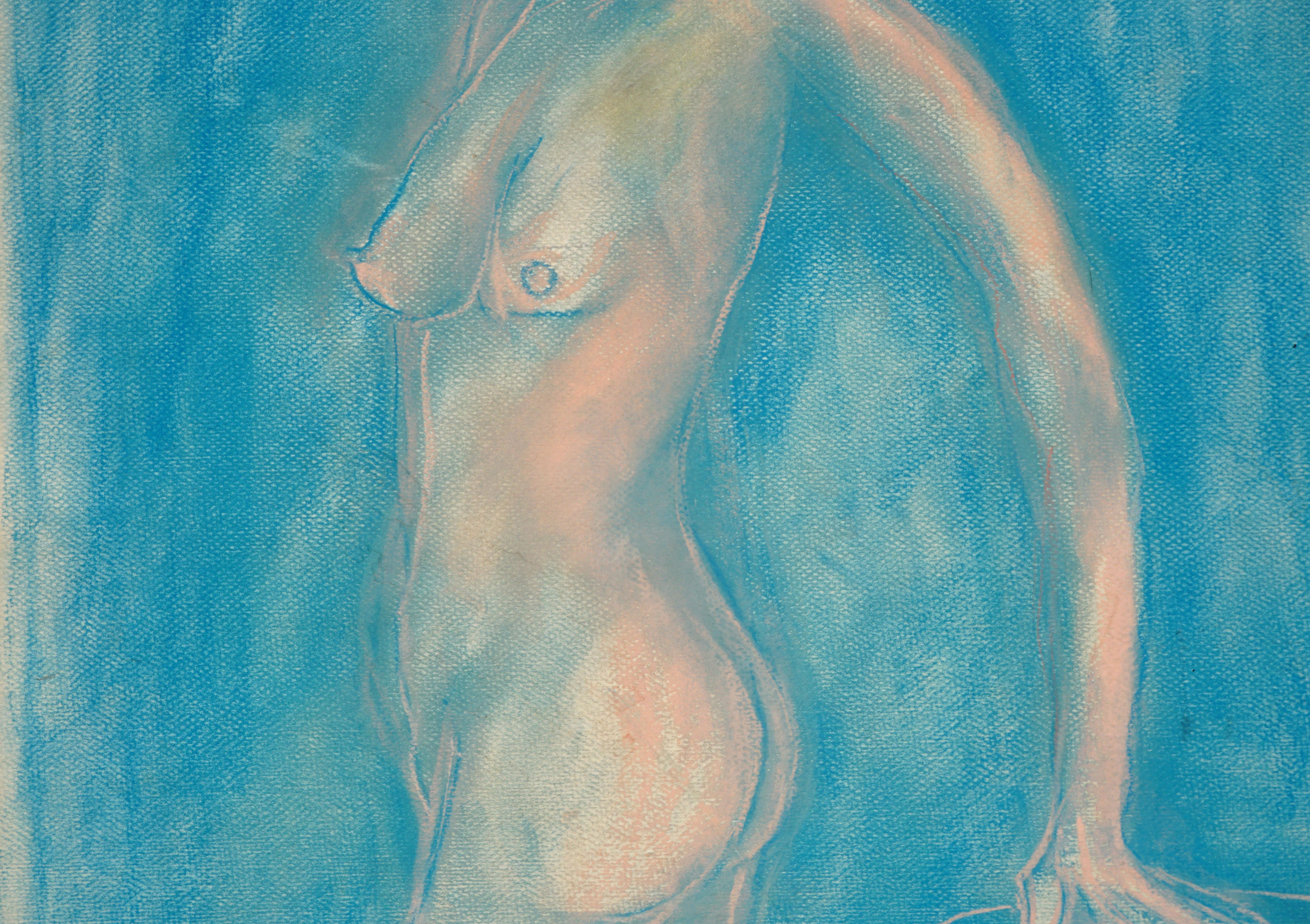 Modernist Abstract Nude Pastel Cyan Figure Study - Abstract Expressionist Art by Louis Nadalini