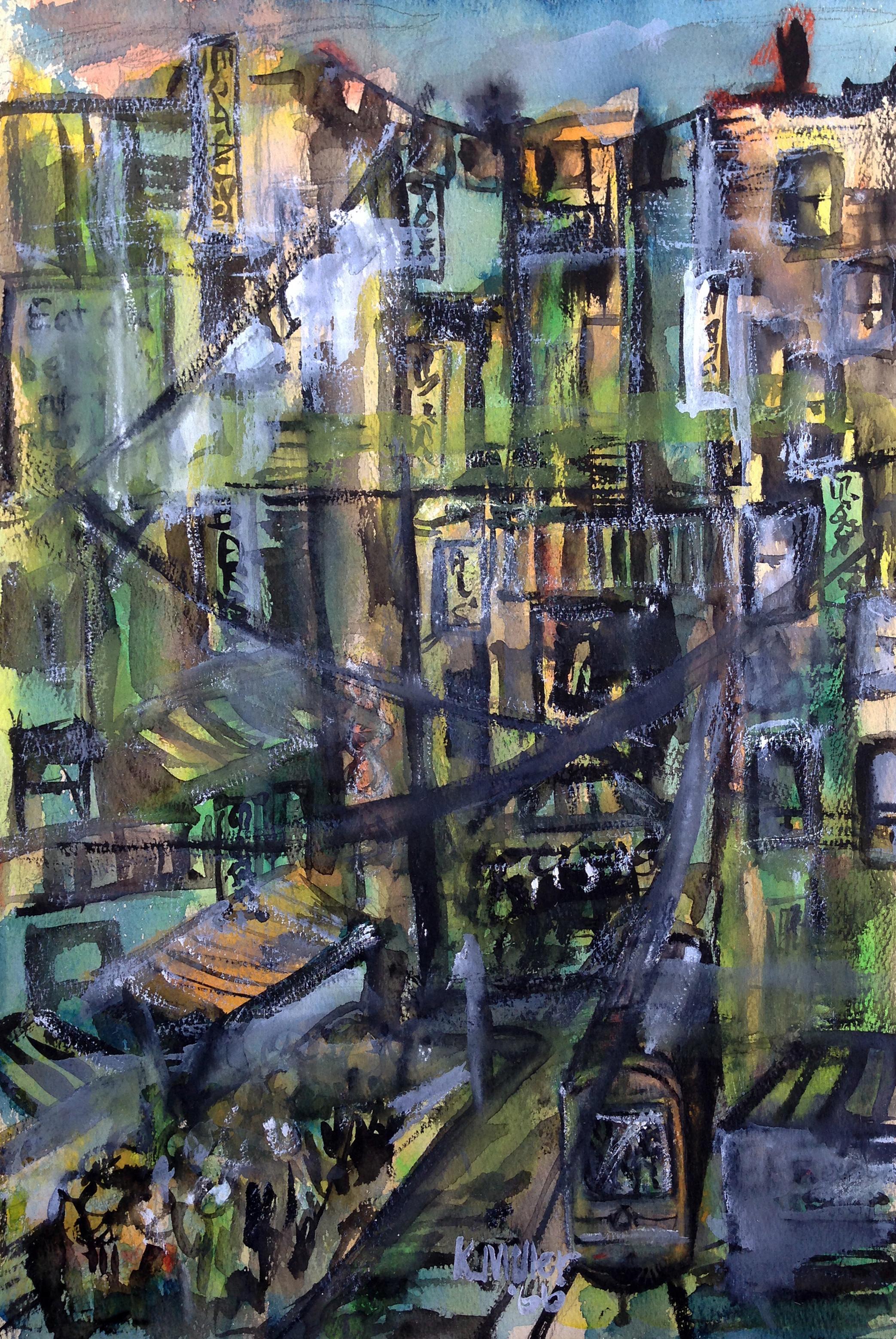 Mid Century Abstracted Urban Cityscape - Painting by Karen Miller
