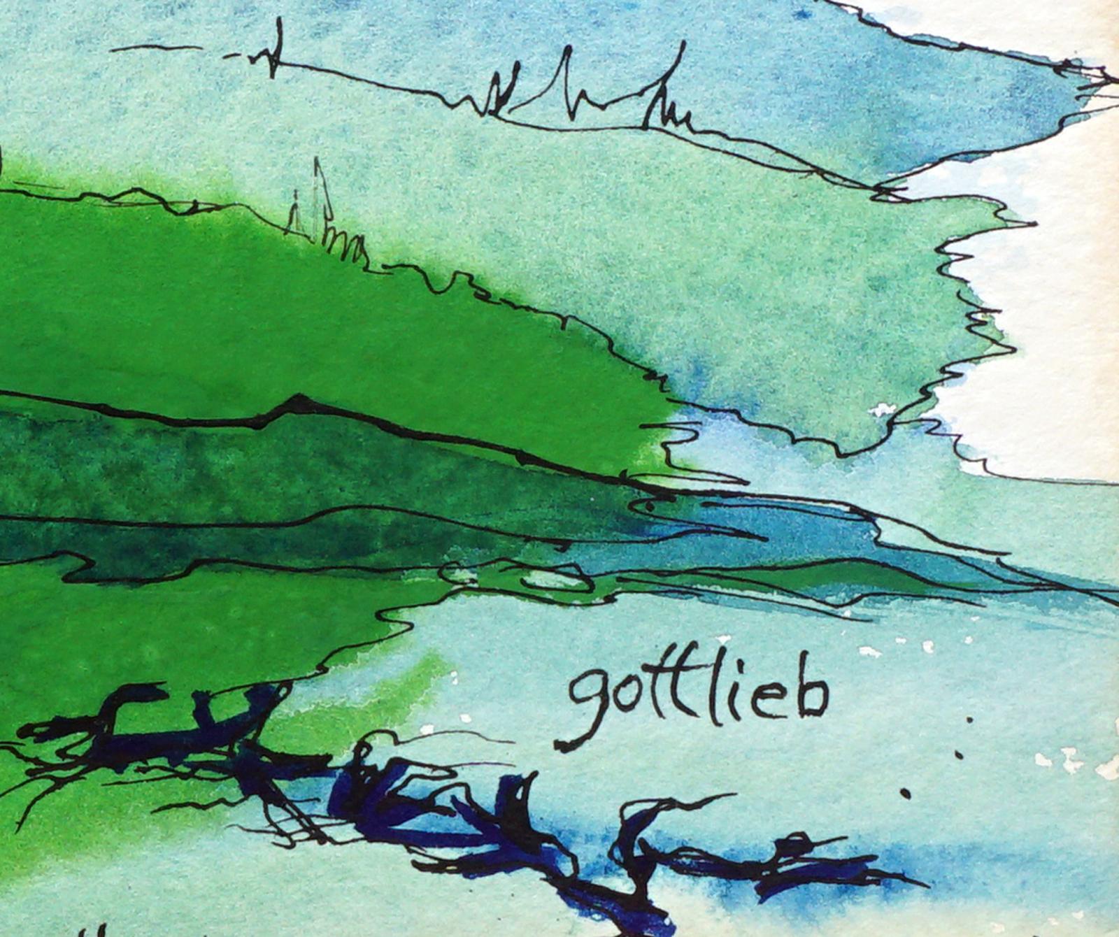 Dramatische abstrakte expressionistische Landschaft mit leuchtenden Grün- und Blautönen wie Federn von unbekanntem Künstler Gottlieb (Amerikaner, 20. Jahrhundert) um 1965. Signiert 