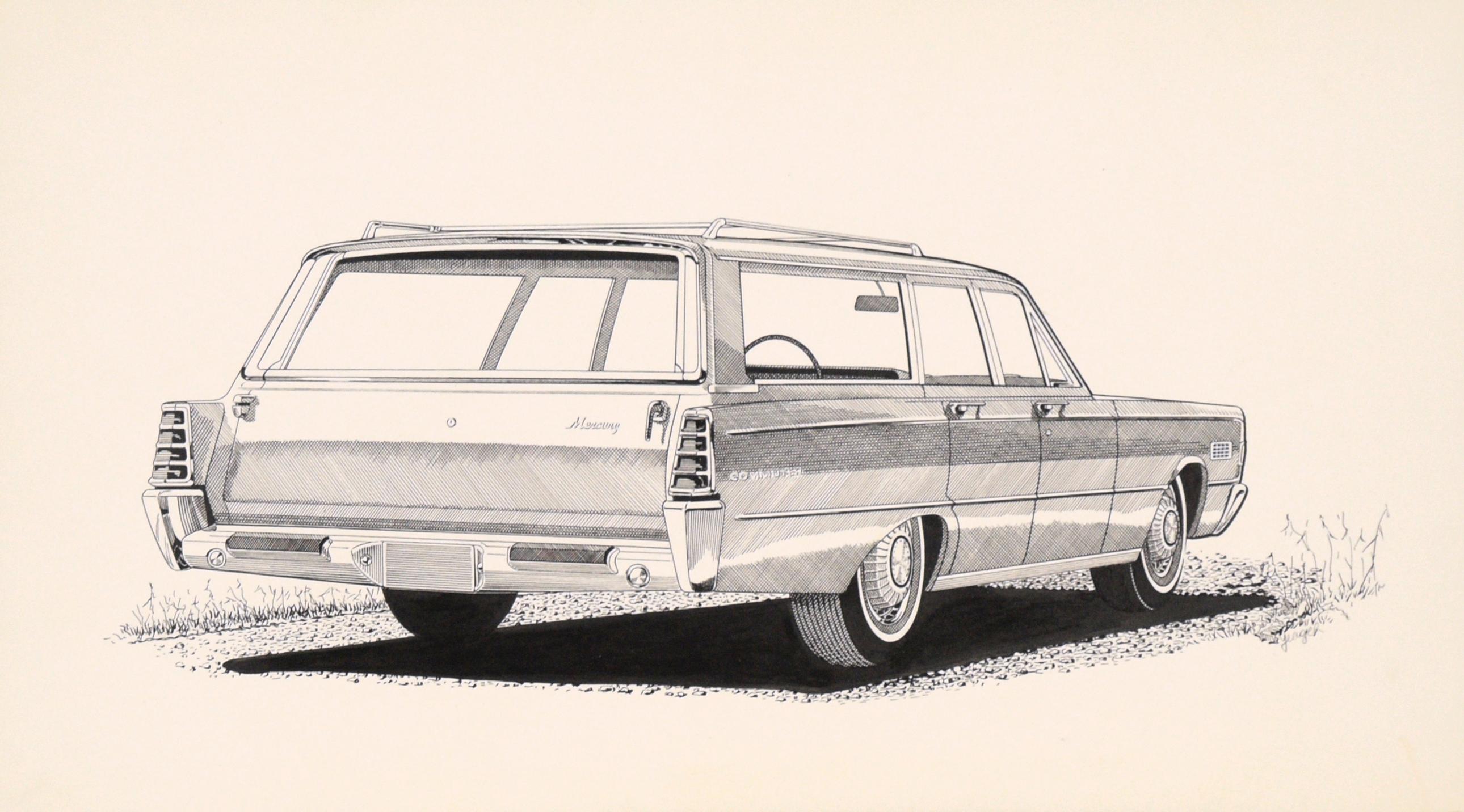 1966 Mercury Commuter Station Wagon, Antique Technical Car Illustration - Art by Joseph Yeager