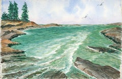 Cyan Tide Pool, Mid-Century Coastal Seascape Watercolor