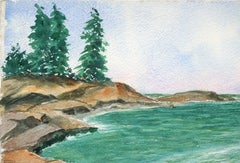 Cyan Tide Pool, Mid-Century Coastal Seascape Watercolor