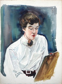 Portrait of an Art Student with Brooch, Mid Century Figurative Watercolor 