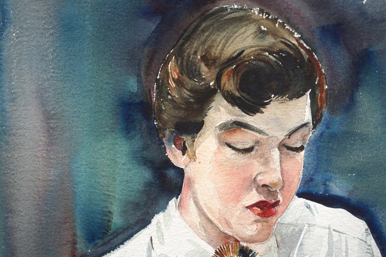 Portrait of an Art Student with Brooch, Mid Century Figurative Watercolor  For Sale 1