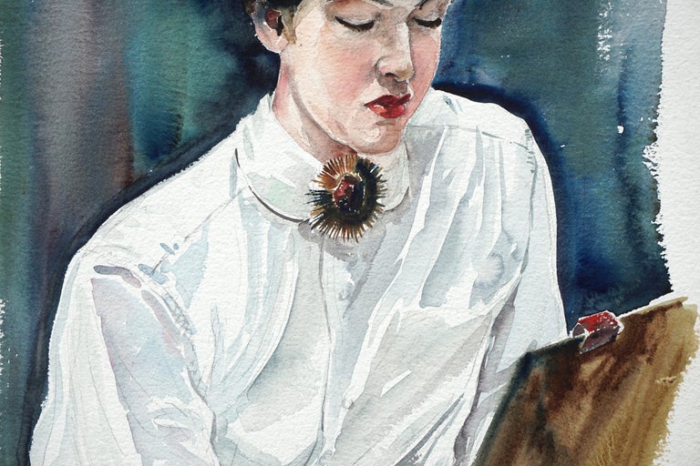 Portrait of an Art Student with Brooch, Mid Century Figurative Watercolor  For Sale 2