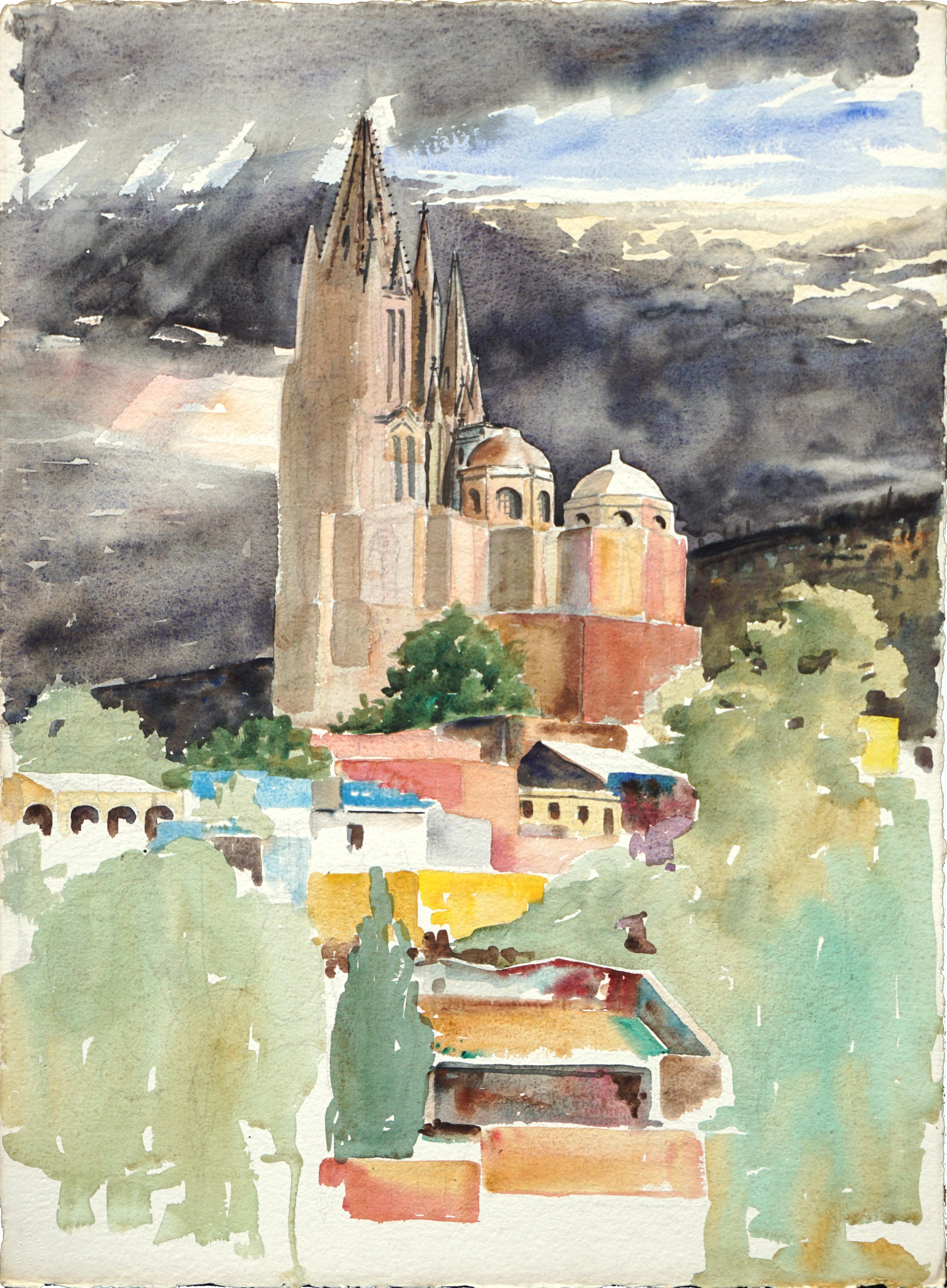 Joseph Yeager Landscape Art - San Miguel Arcángel, Guanajuta Mexico Mid Century Landscape W/C (unfinished)