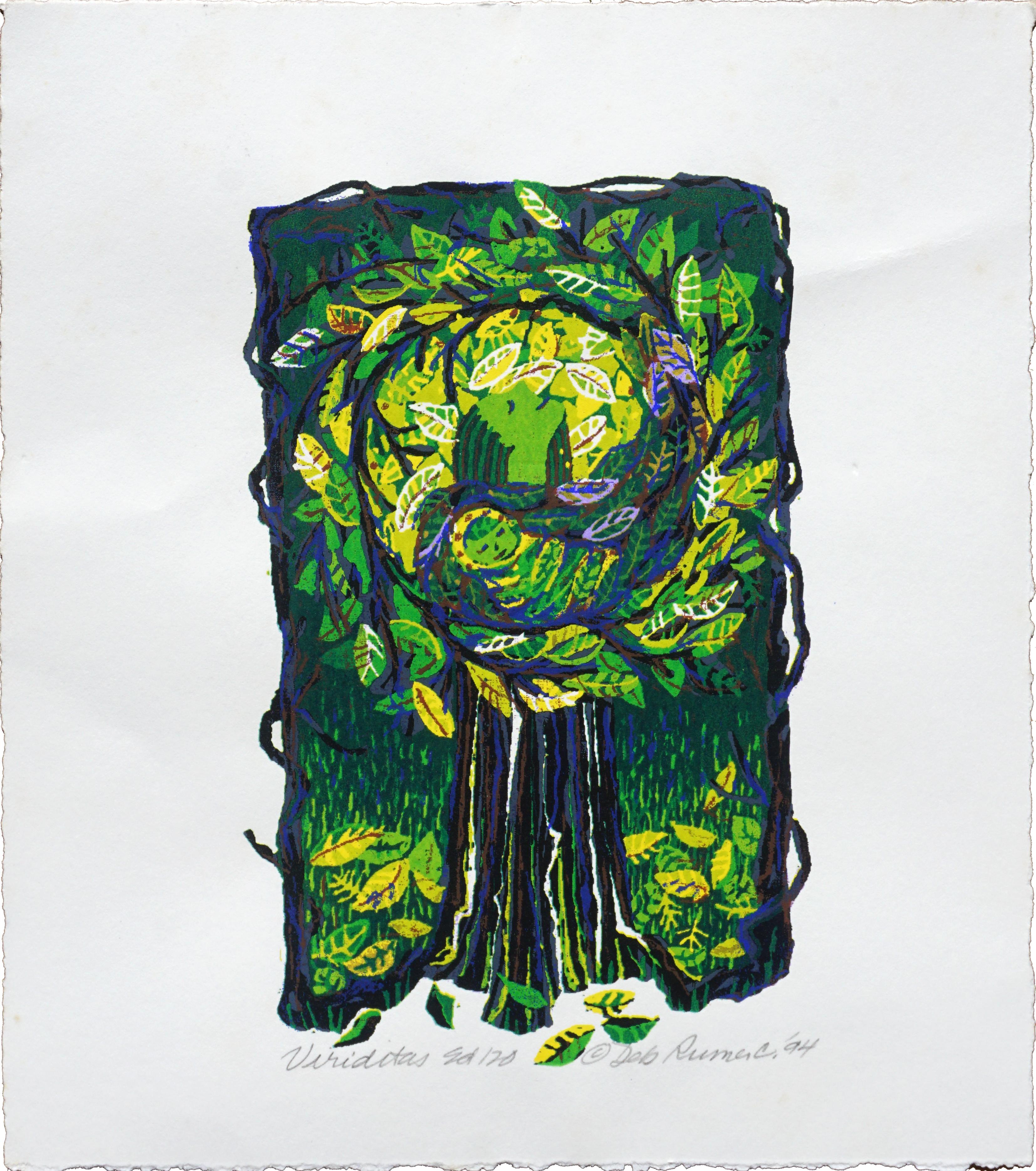Deborah Rumer Abstract Print – „“Viriditas“ – mehrlagiger Seidenschirm mit Baummuster 