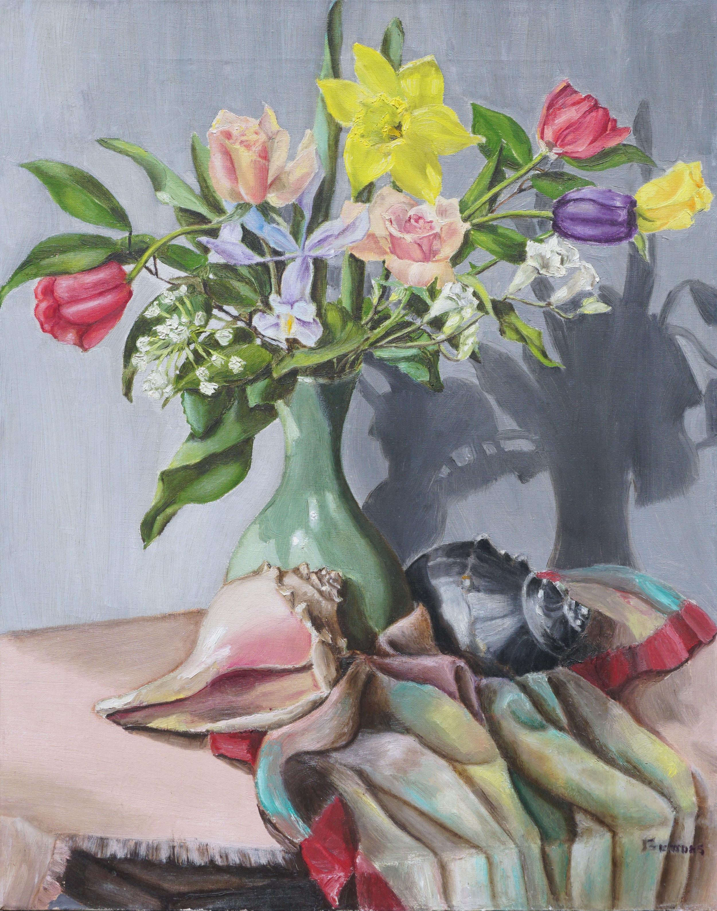 Norman Bel Geddes Interior Painting - Early 20th Century Floral Still Life with Conch Shells