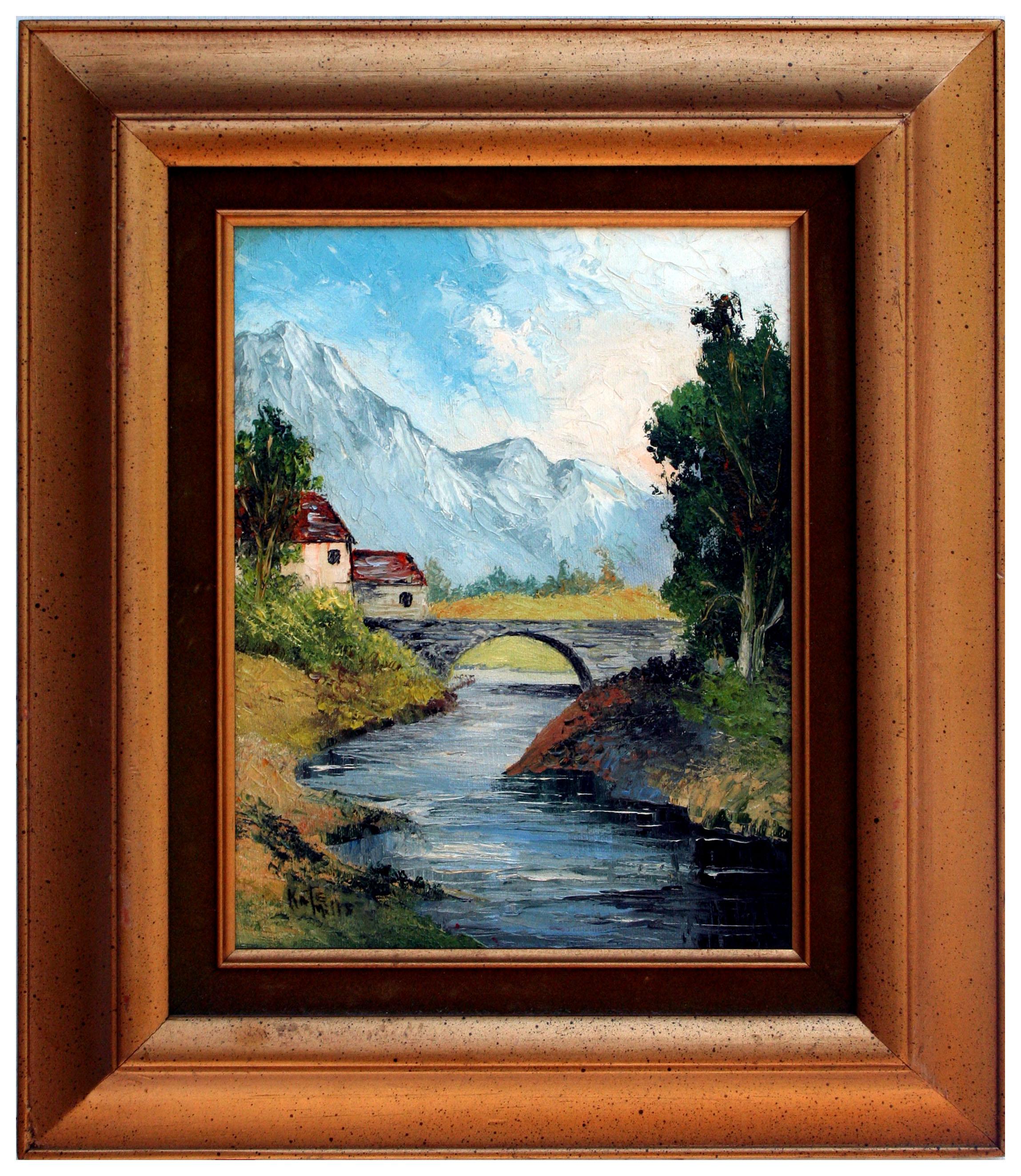 Kate Mills Landscape Painting - Mid Century Mountains & Stream with Stone Bridge Landscape