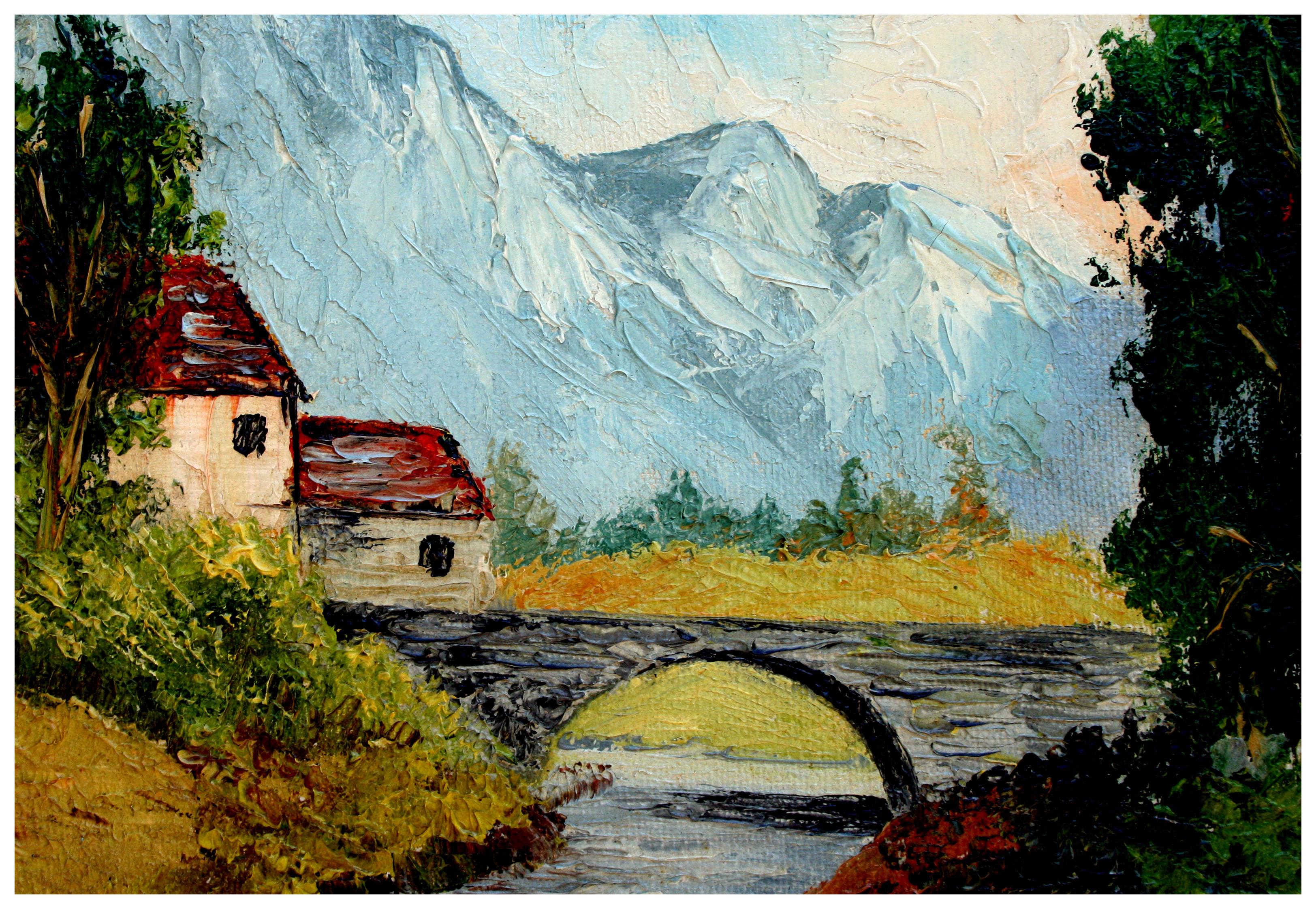 Mid Century Mountains & Stream with Stone Bridge Landscape - Painting by Kate Mills