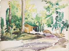 Creekside Campsite - Mid Century Forest Landscape Watercolor